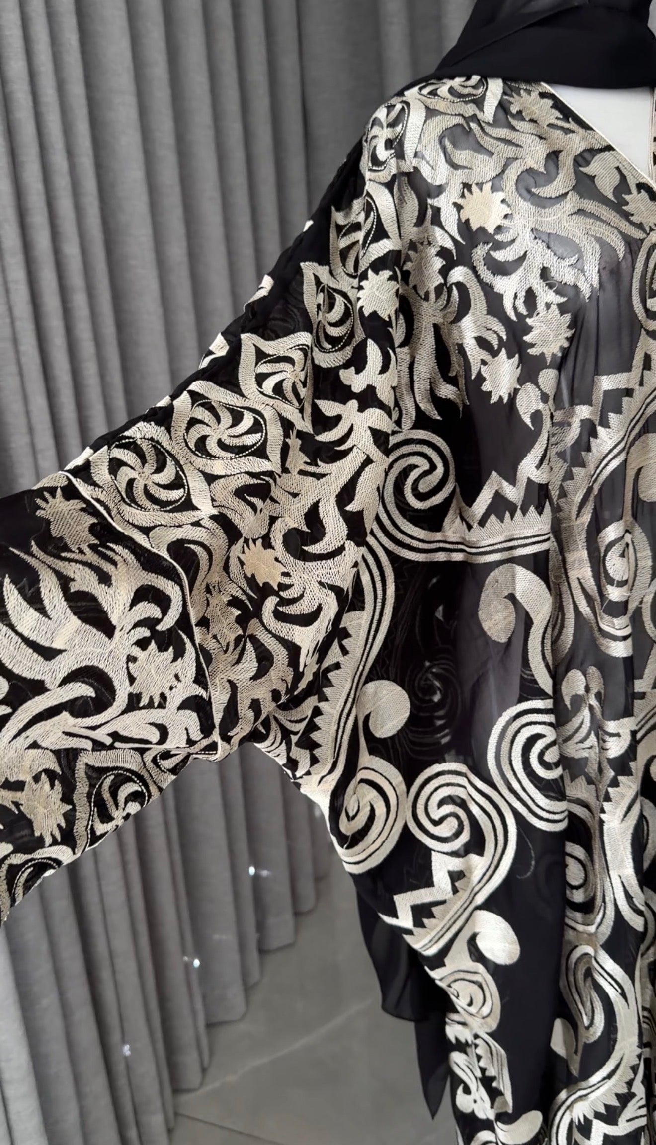 Black Net Abayah with Gold Embroidery Design 1
