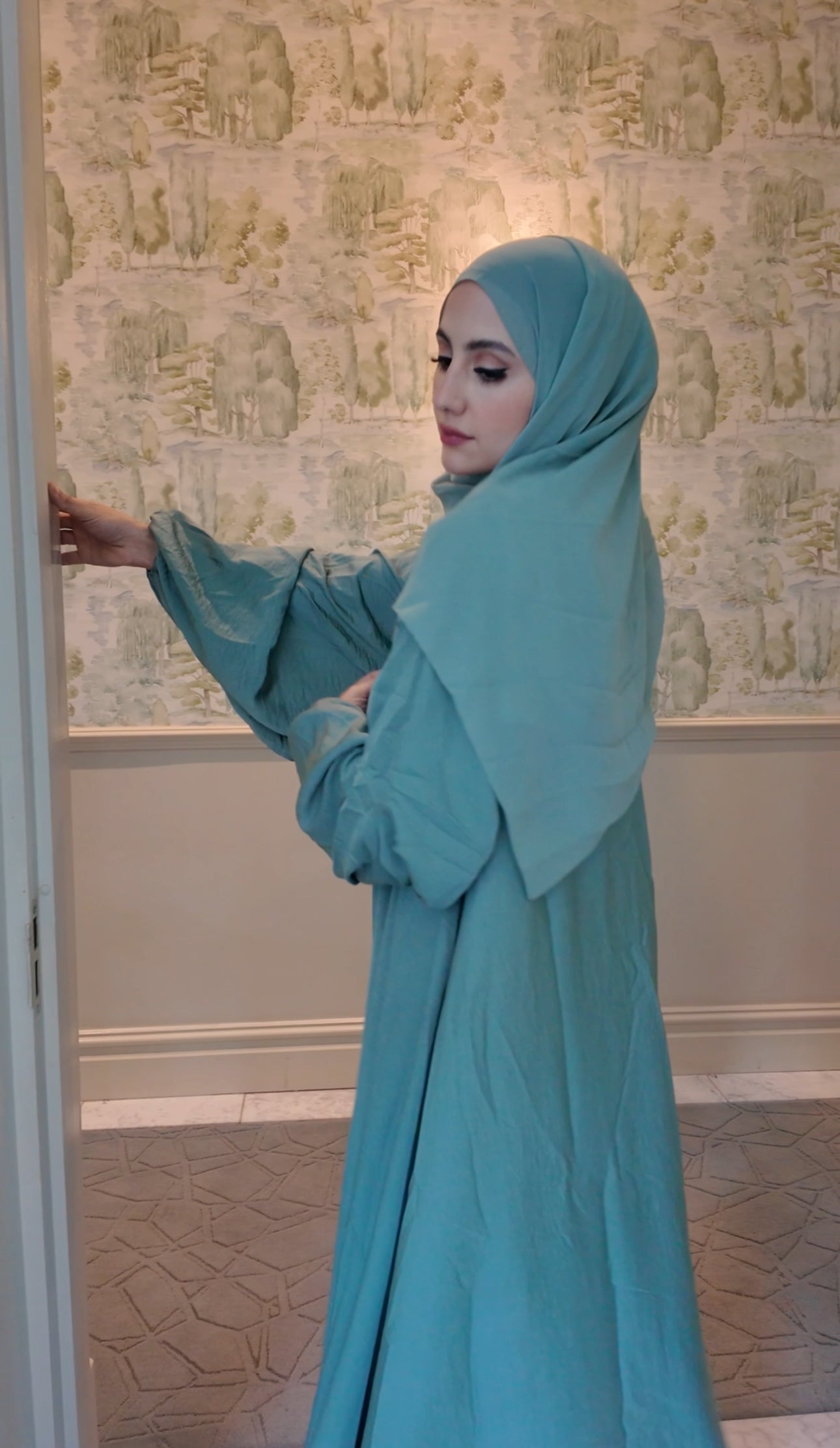 Light green flow Abayah with attached hijab