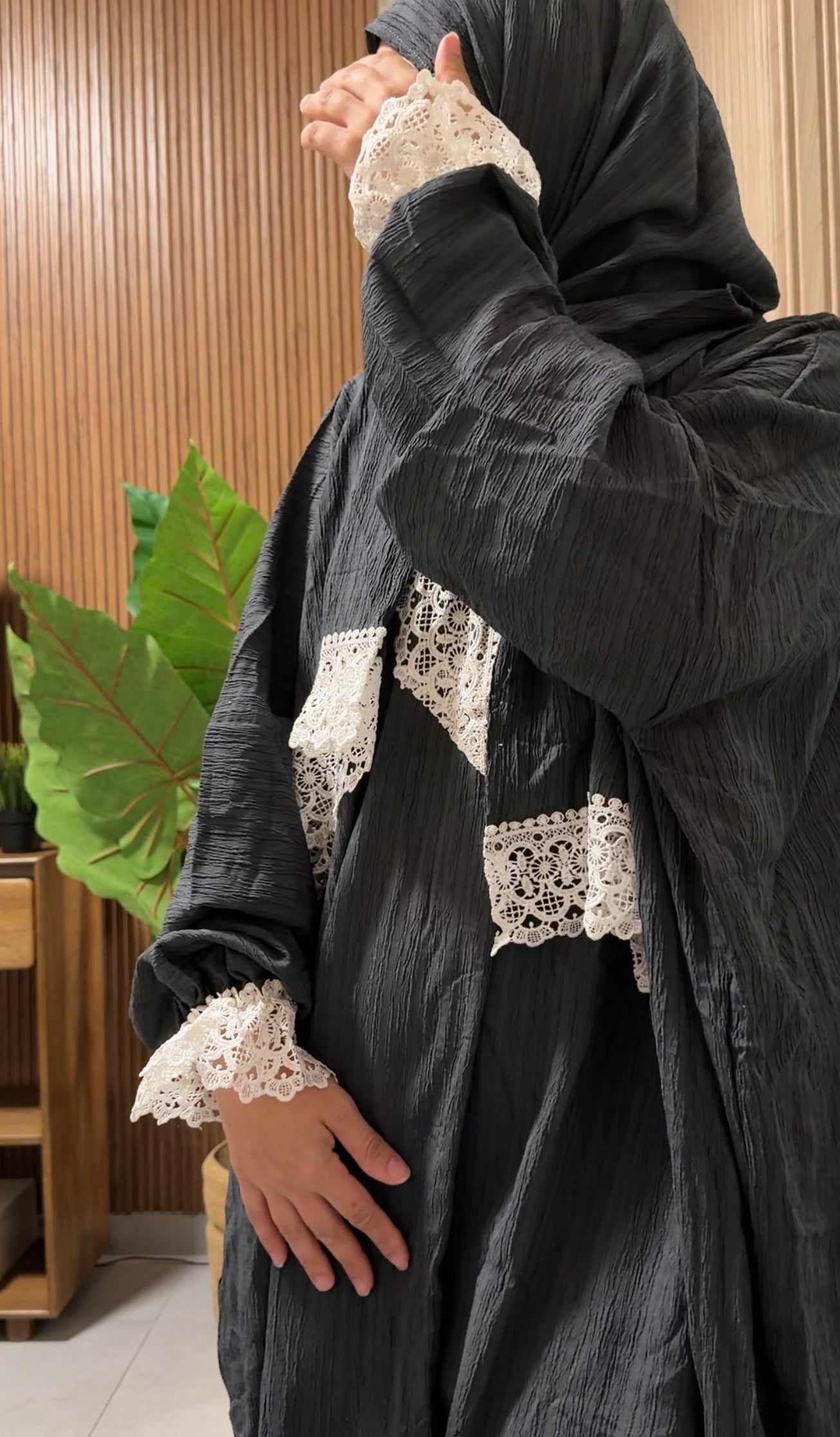 Gray burqa with white lace