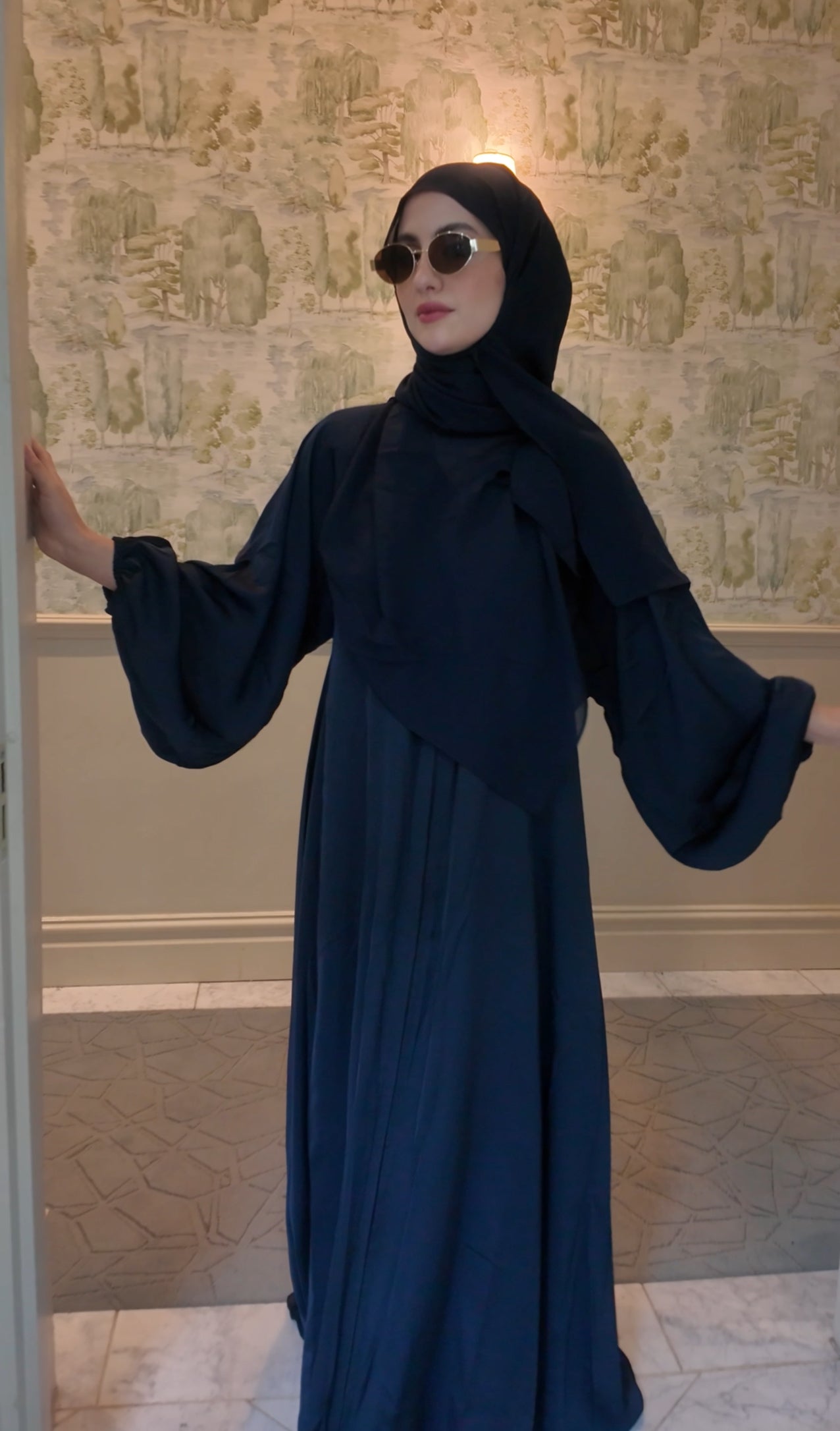 Dark Navy flow Abayah with attached hijab