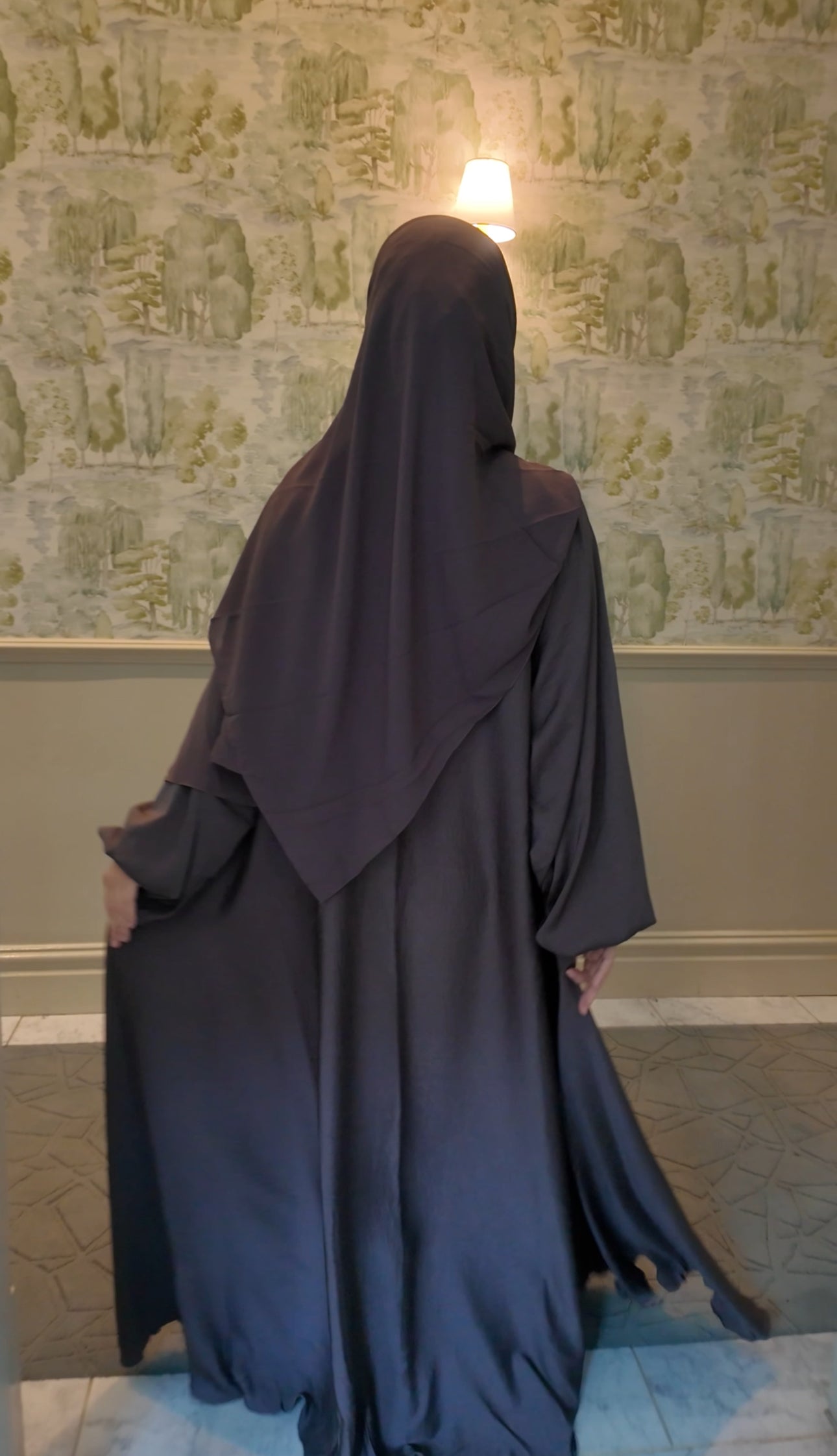 Brown Gray flow Abayah with attached hijab