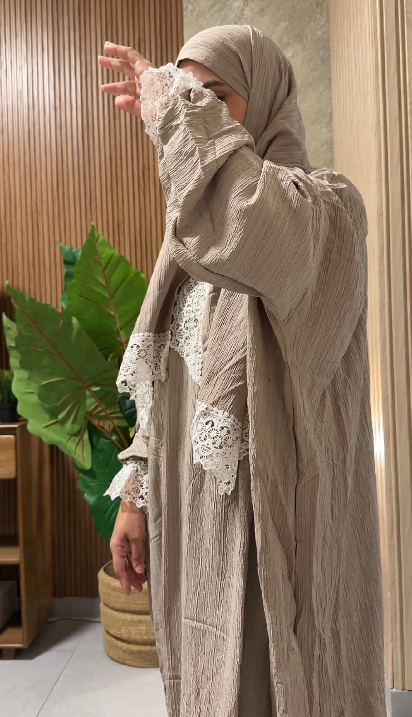 Grayish beige burqa with white lace