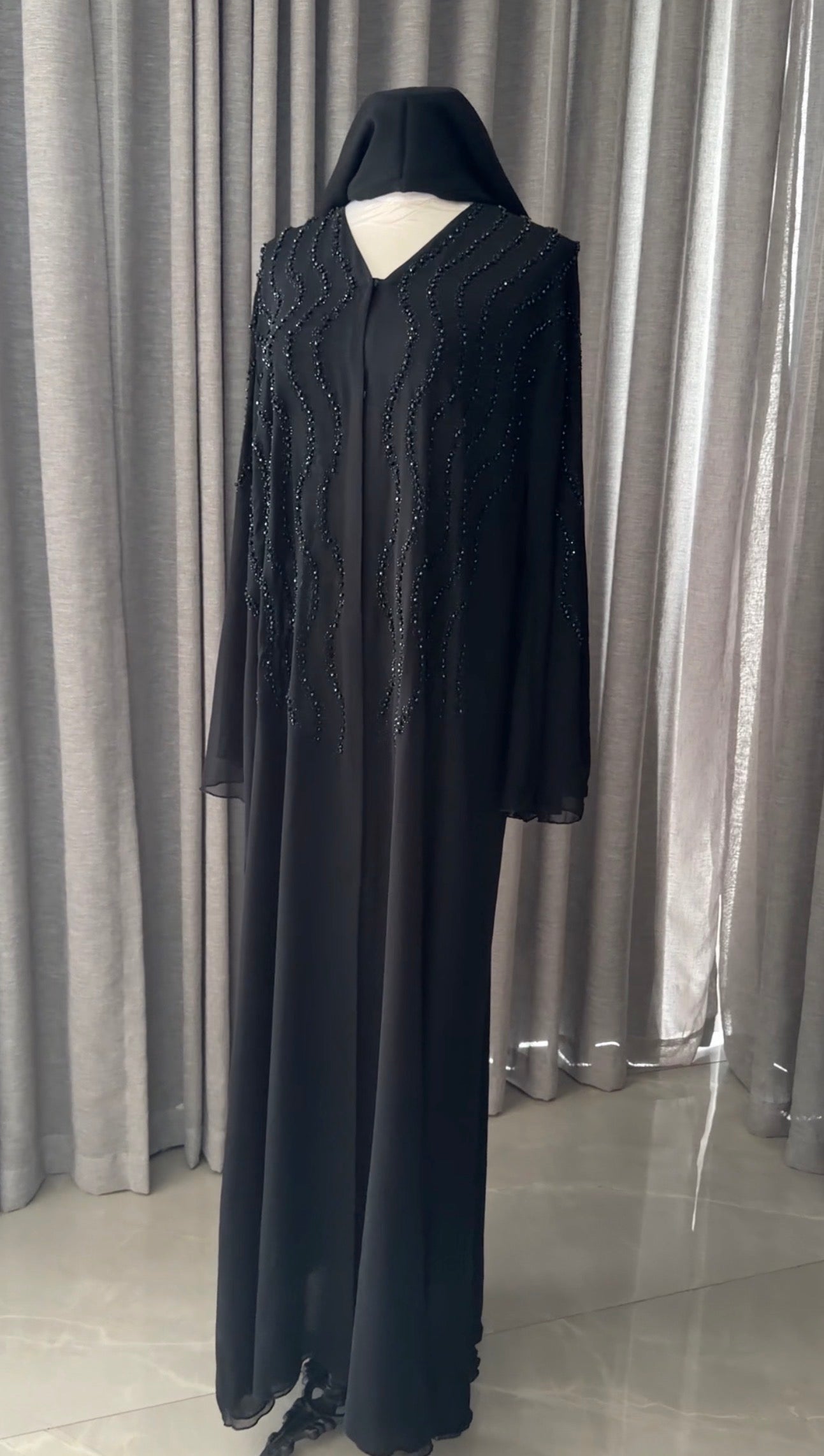 Black Abayah with black bead works on shoulders