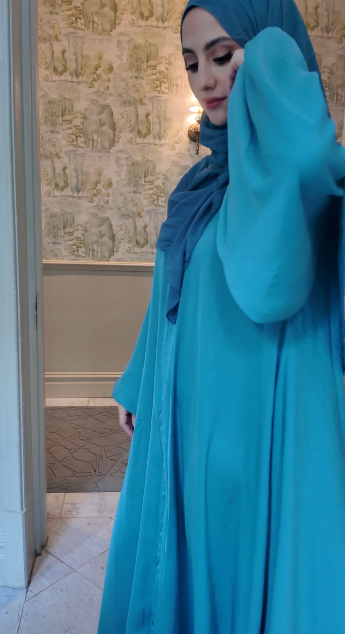 Turquoise flow Abayah with attached hijab
