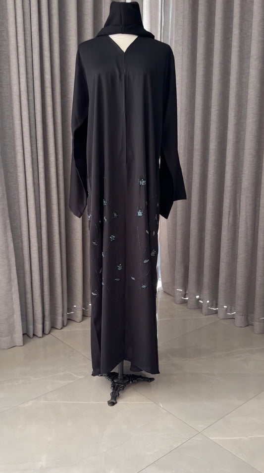 Black abayah with navy beadwork