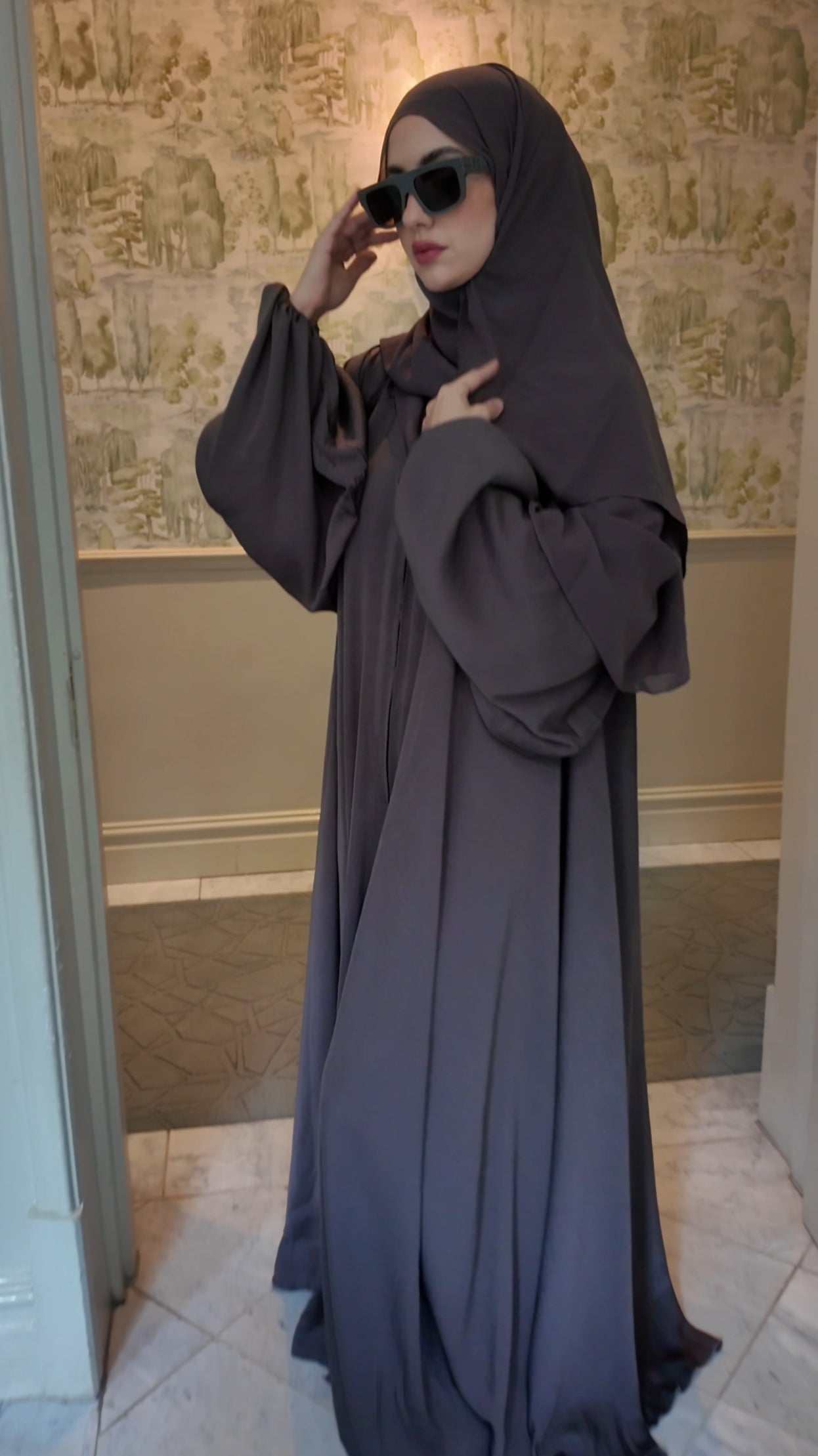 Brown Gray flow Abayah with attached hijab