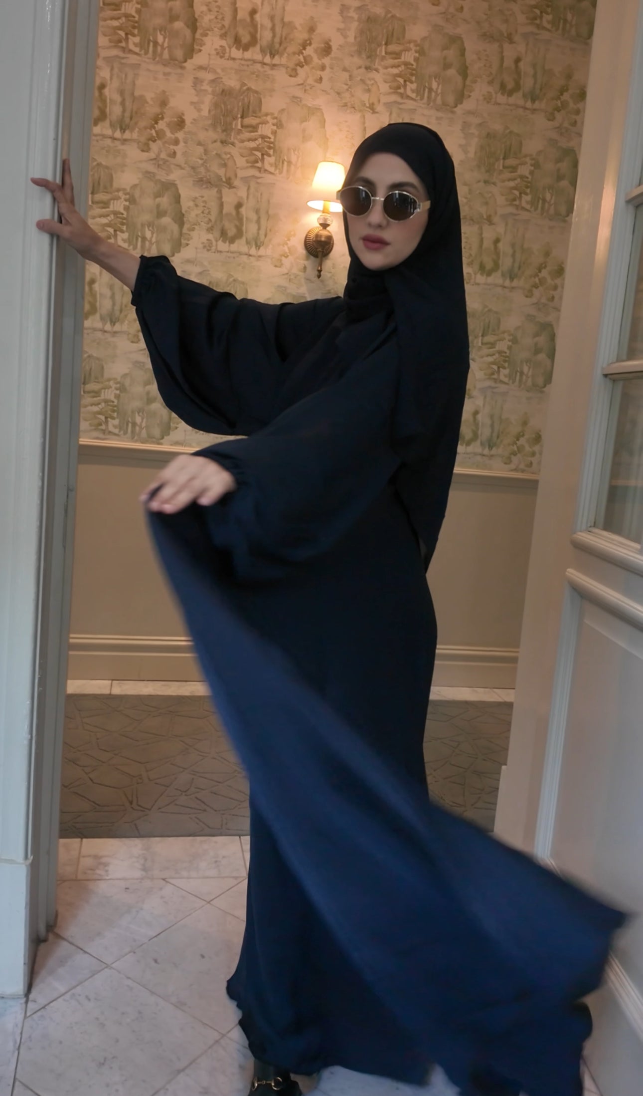Dark Navy flow Abayah with attached hijab