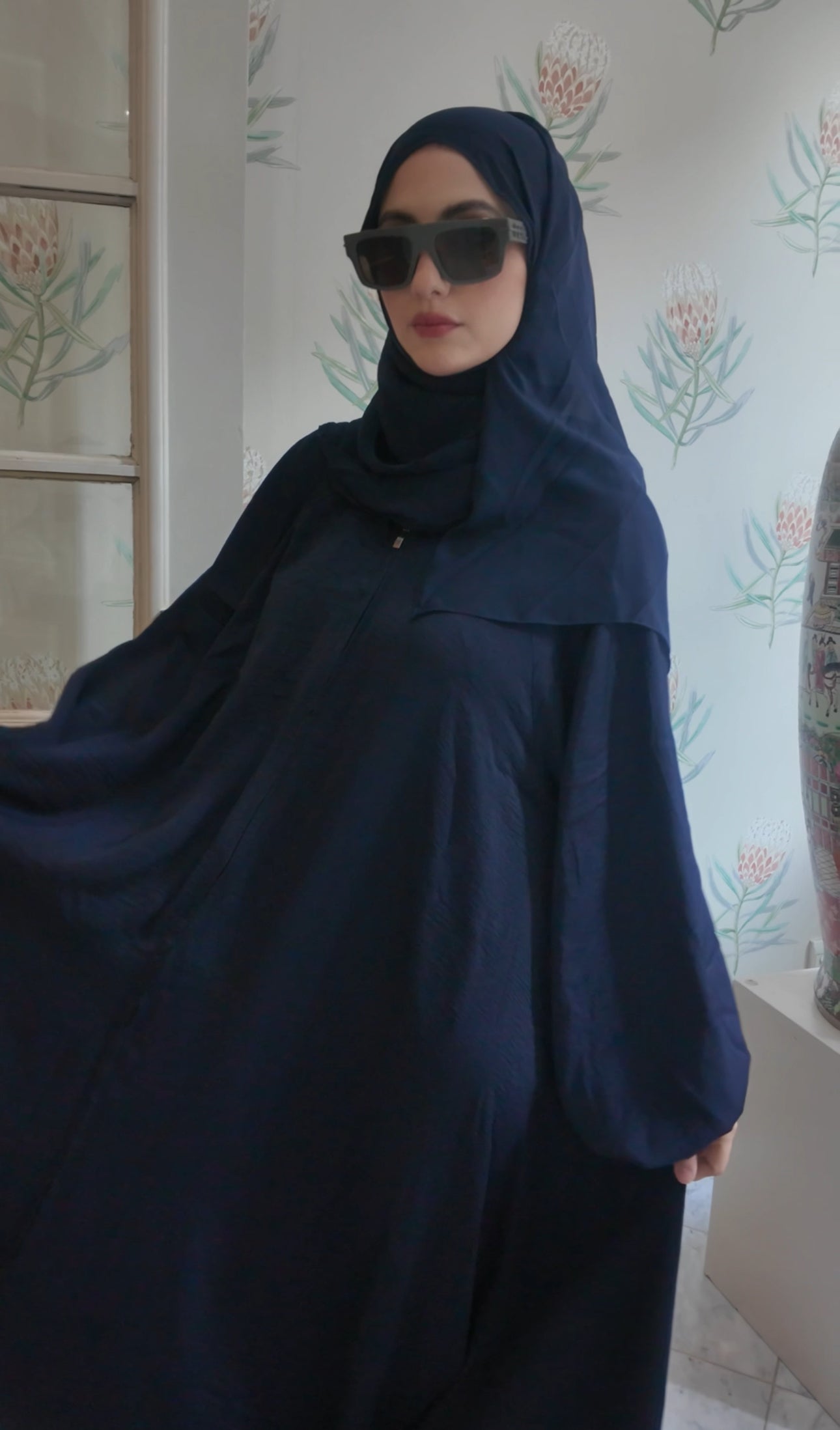 Dark Navy flow Abayah with attached hijab
