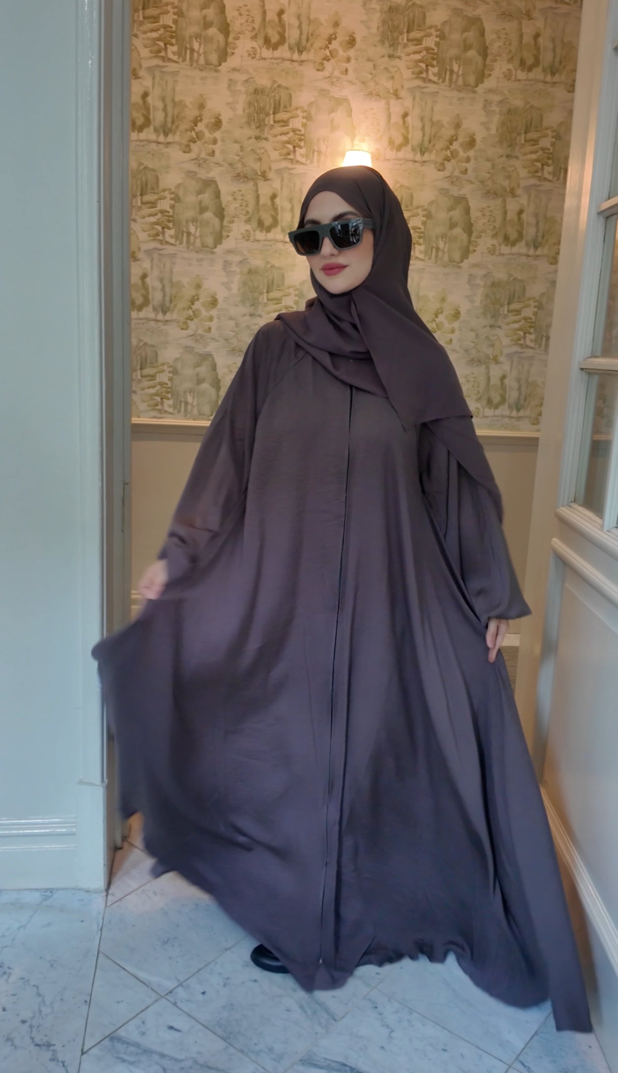 Brown Gray flow Abayah with attached hijab