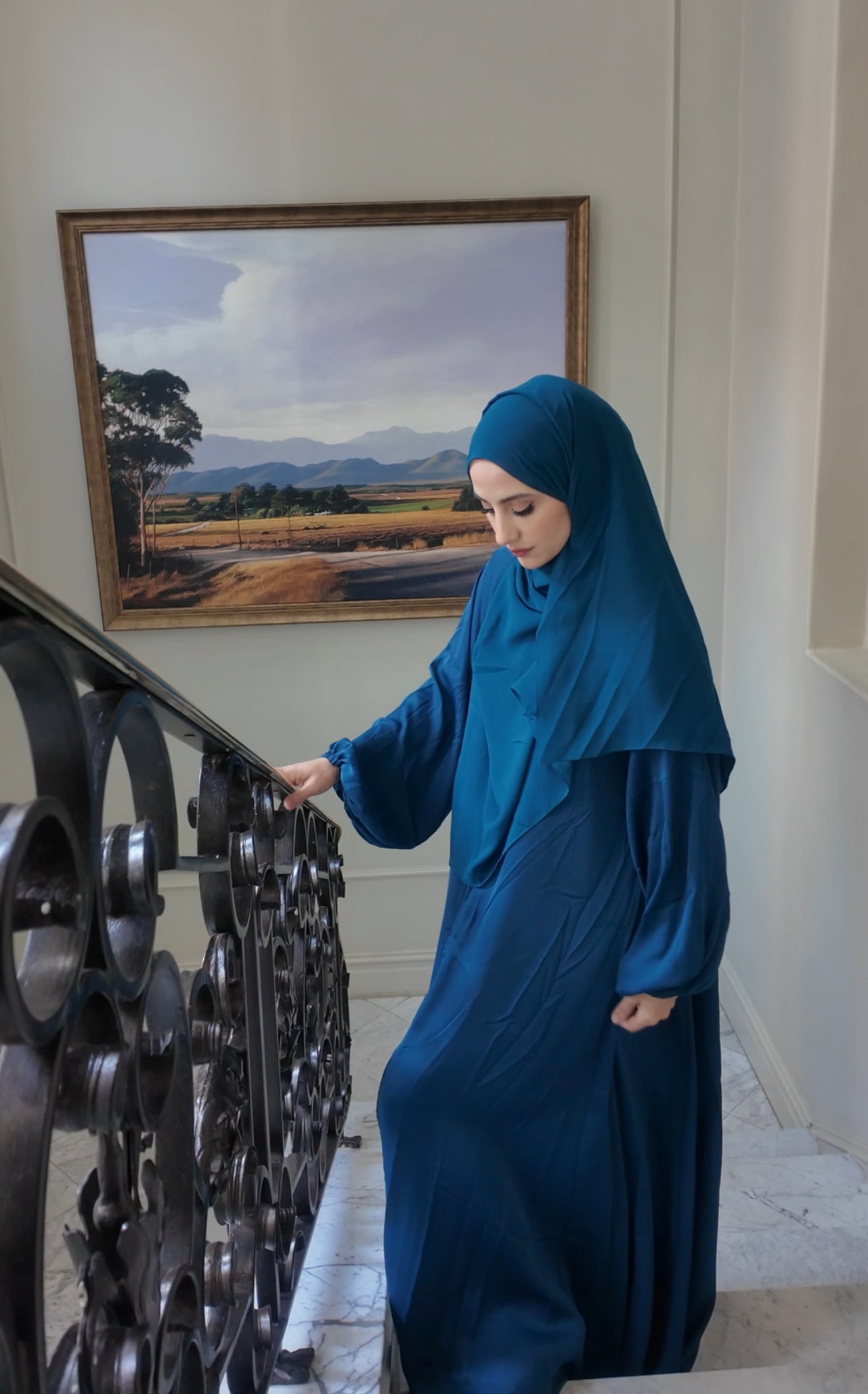 Teal blue flow Abayah with attached hijab