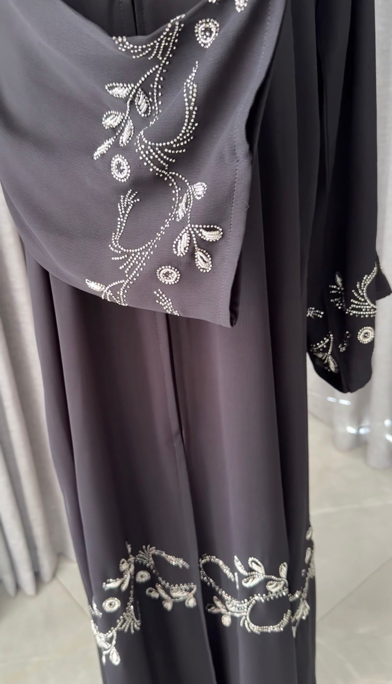 Black abayah with silver beadwork
