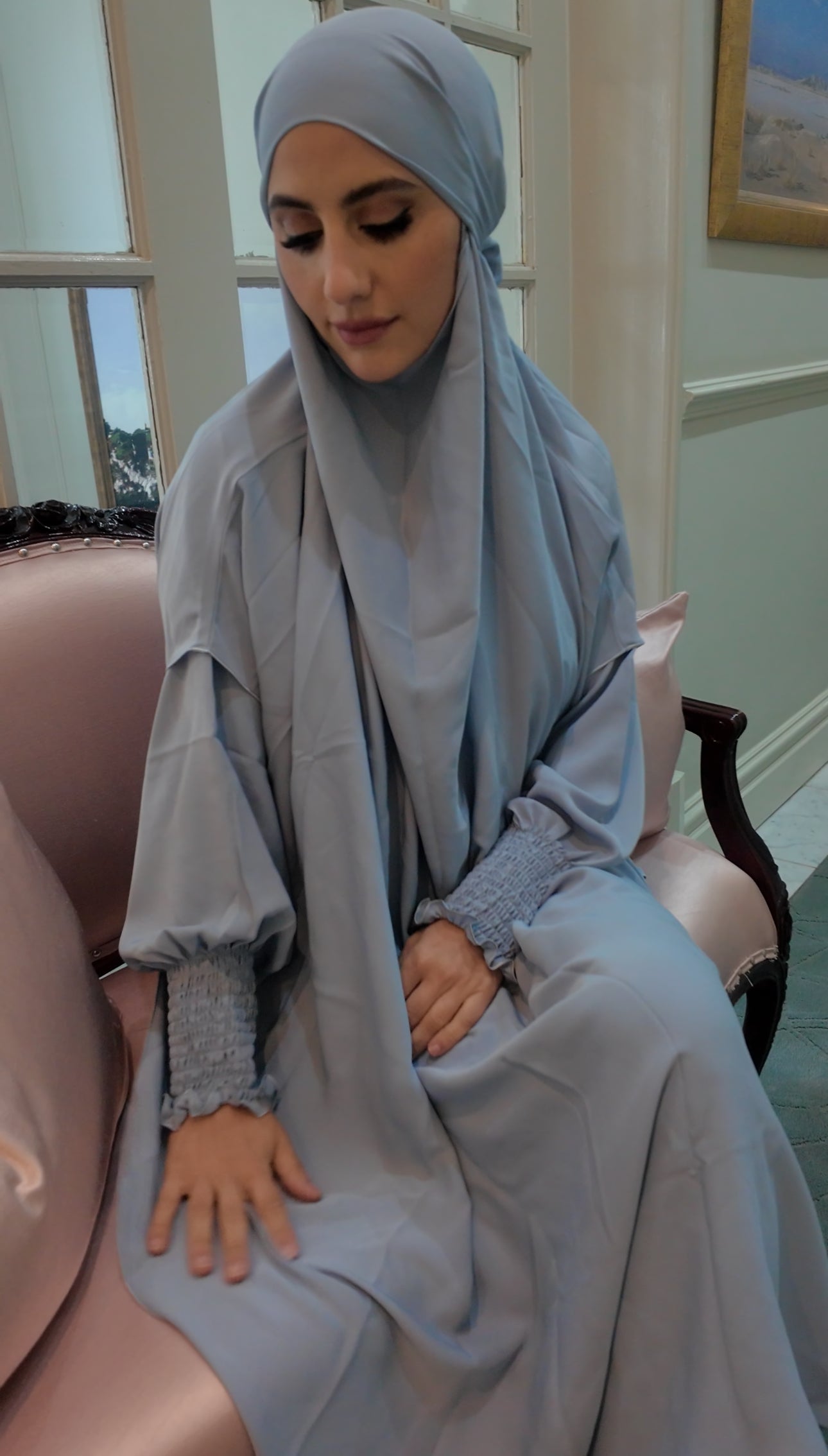 Grayish Blue Nada fabric Jilbab with long sleeve inner