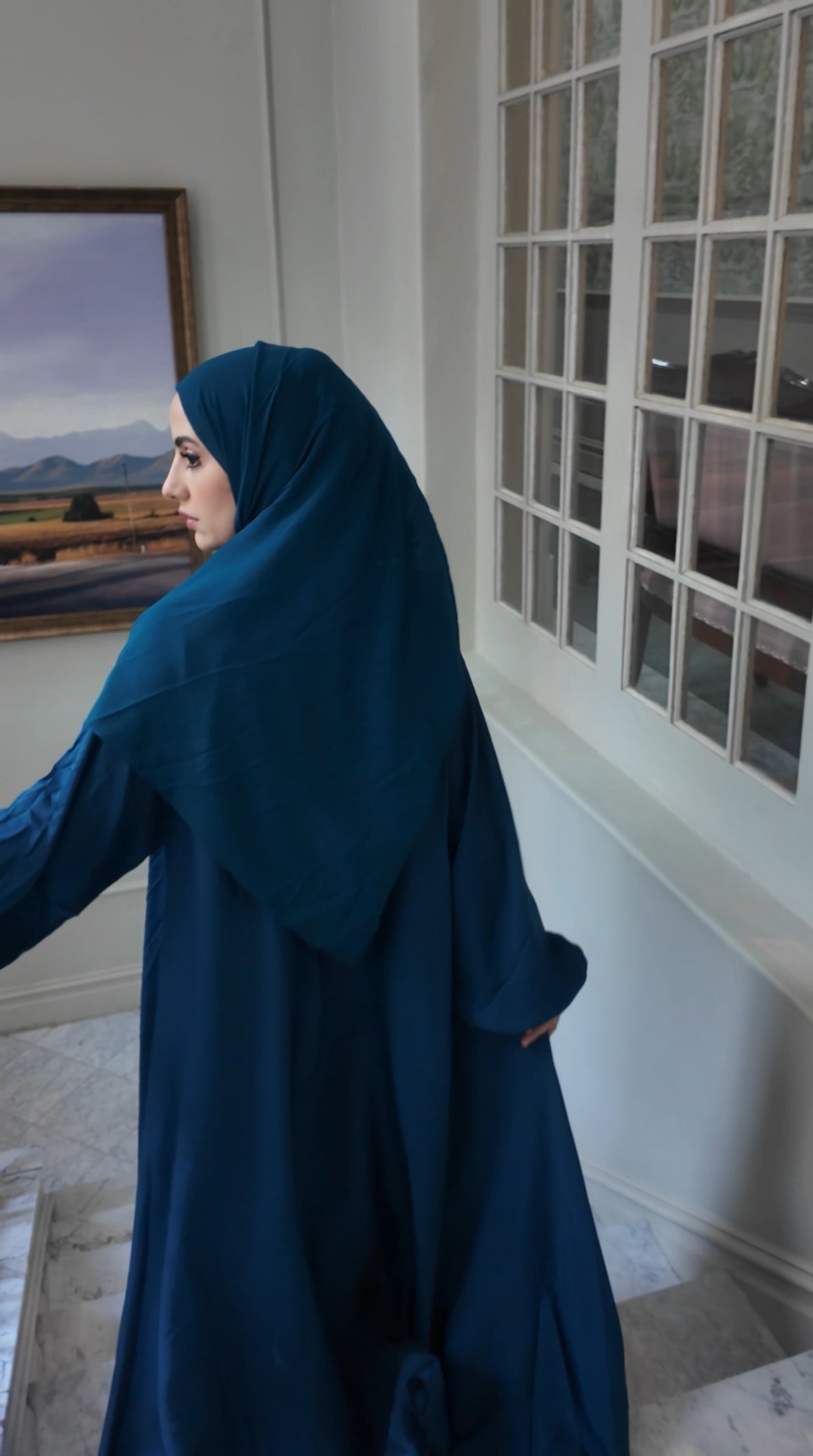 Teal blue flow Abayah with attached hijab