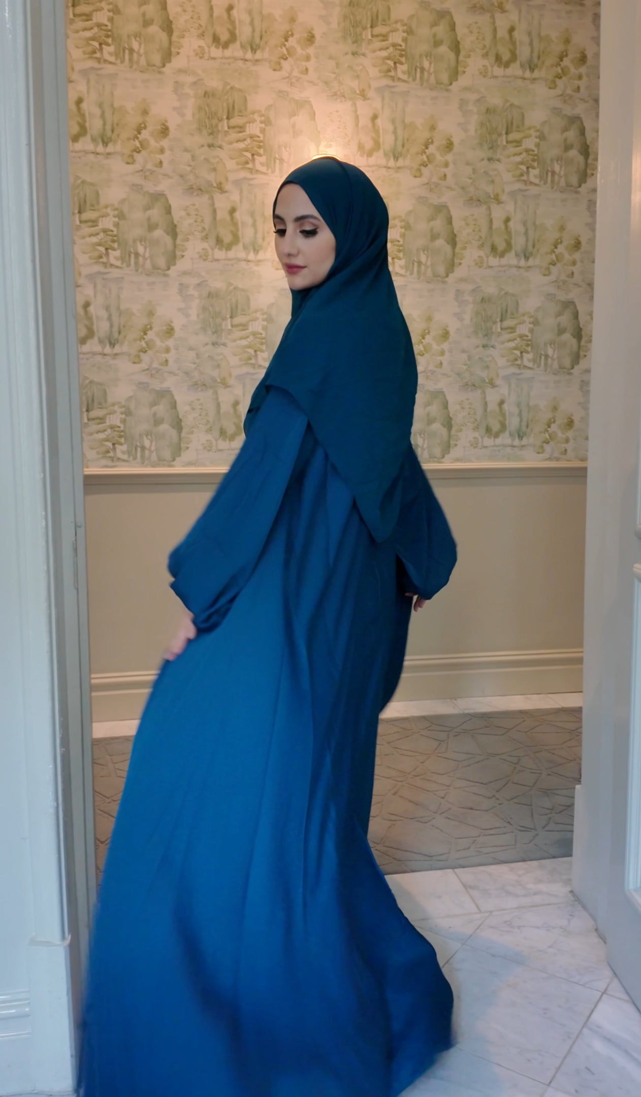 Teal blue flow Abayah with attached hijab
