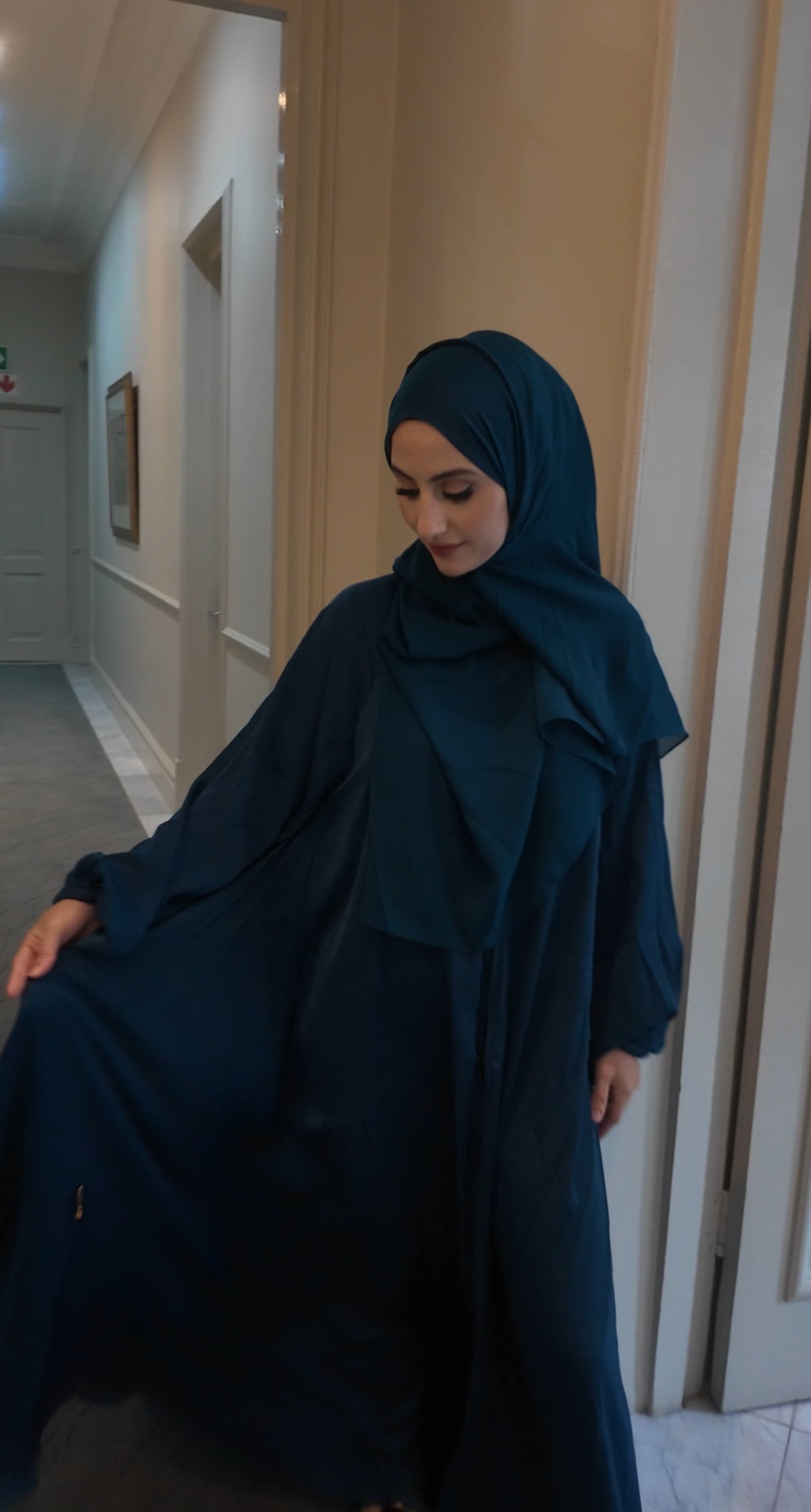 Teal blue flow Abayah with attached hijab