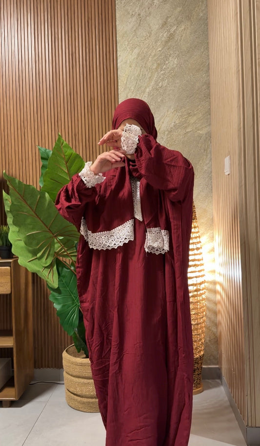 Maroon burqa with white lace