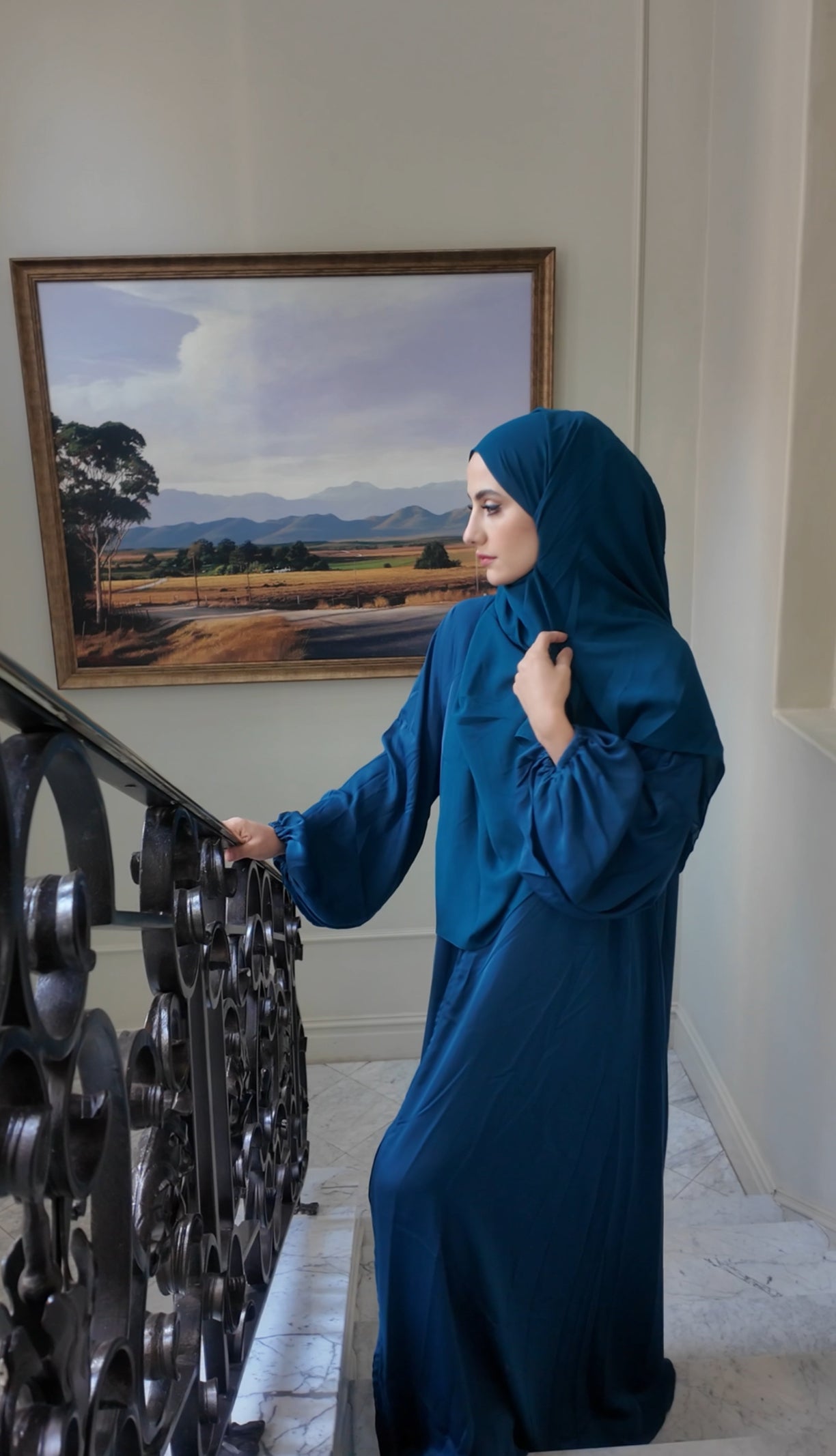 Teal blue flow Abayah with attached hijab