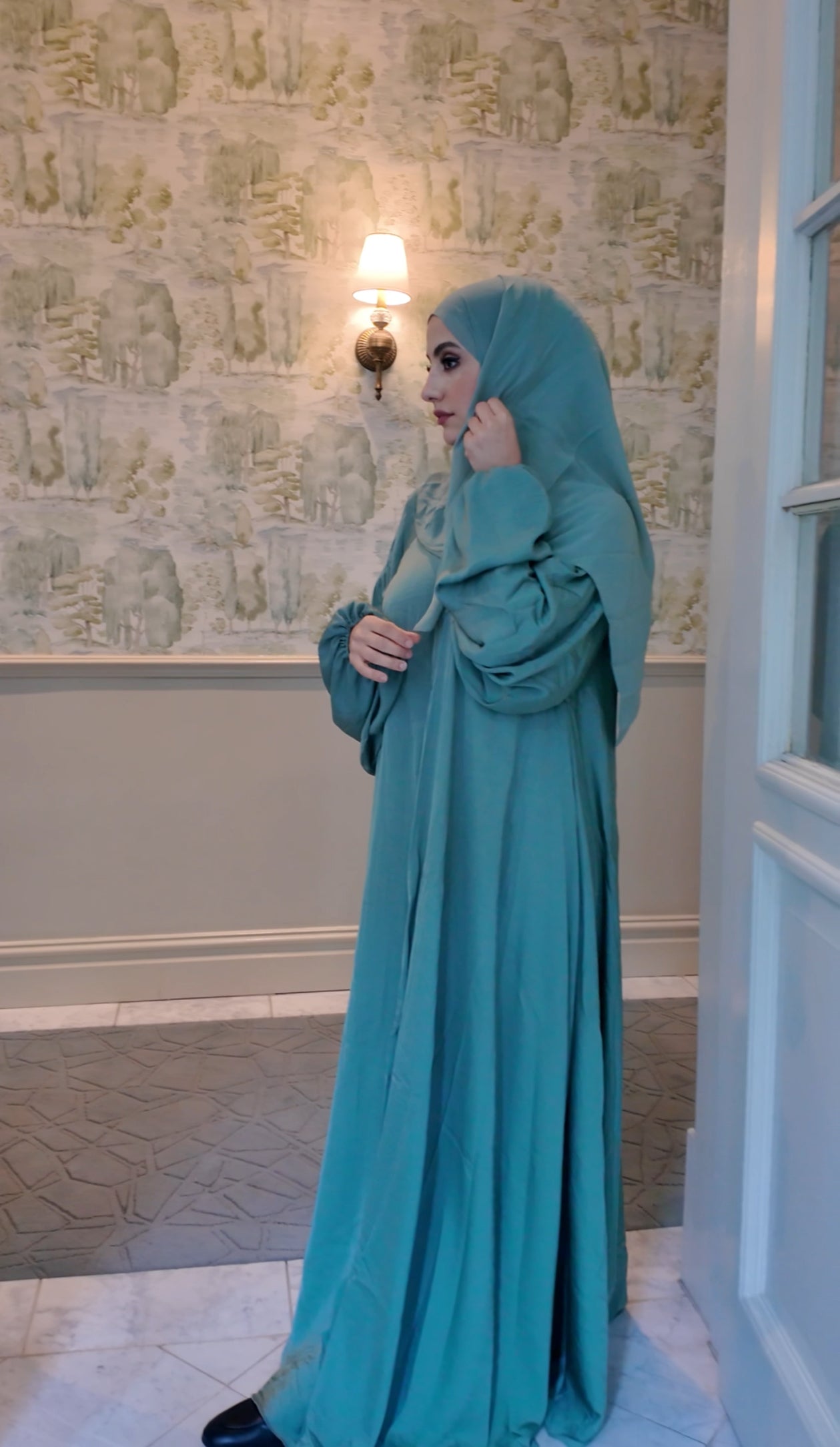 Light green flow Abayah with attached hijab