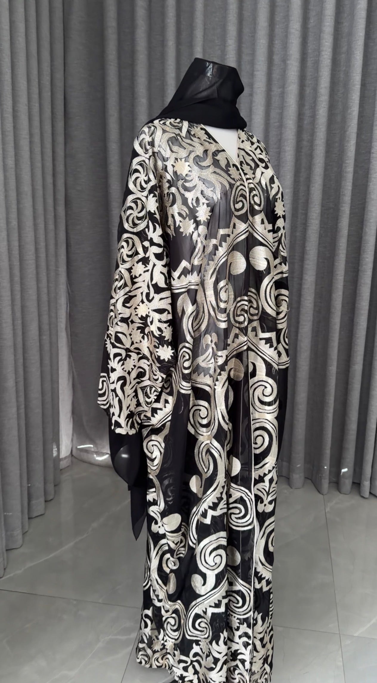 Black Net Abayah with Gold Embroidery Design 1