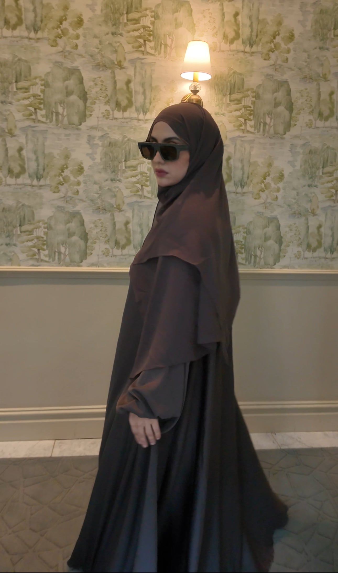 Brown Gray flow Abayah with attached hijab