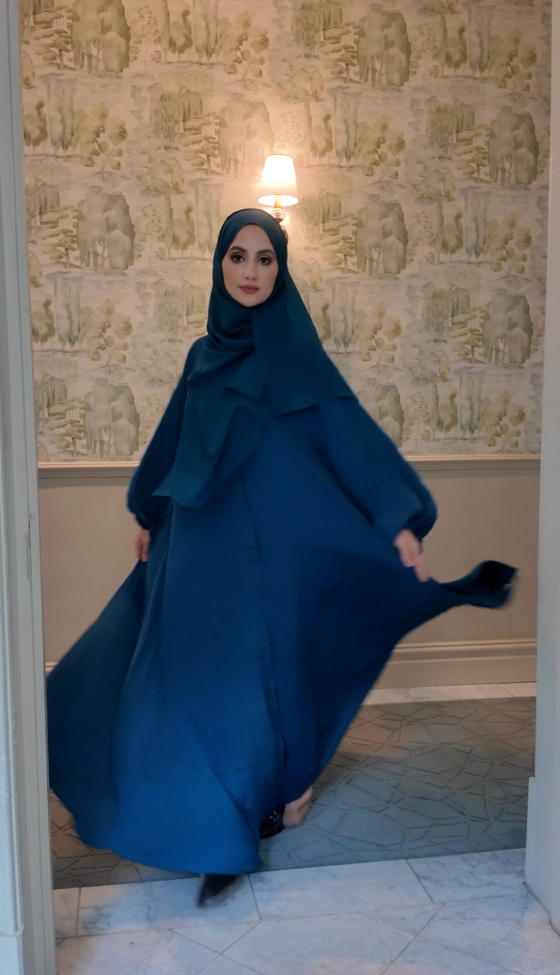 Teal blue flow Abayah with attached hijab