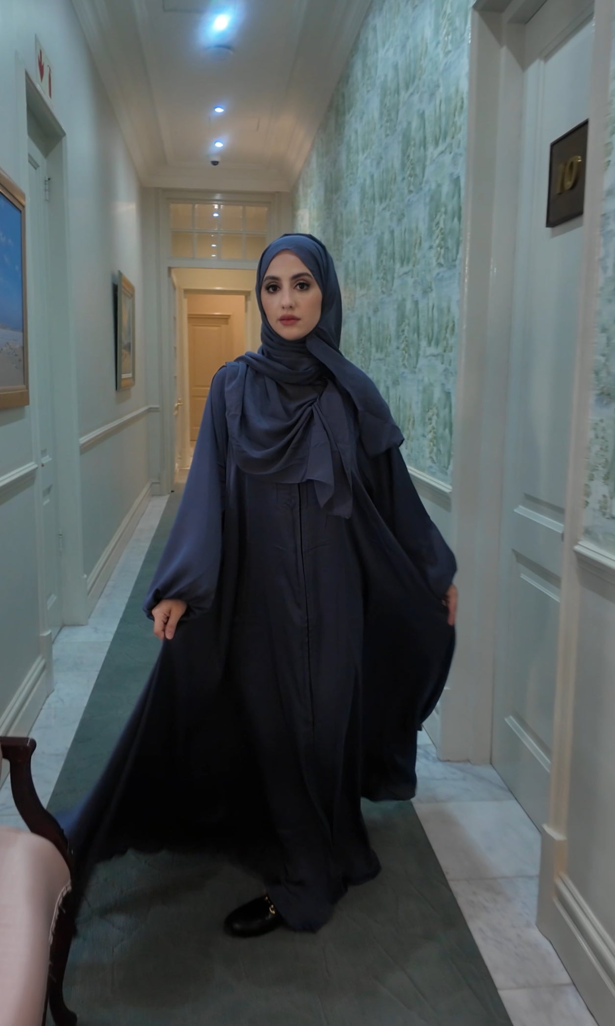 Purple gray flow abayah with attached hijab