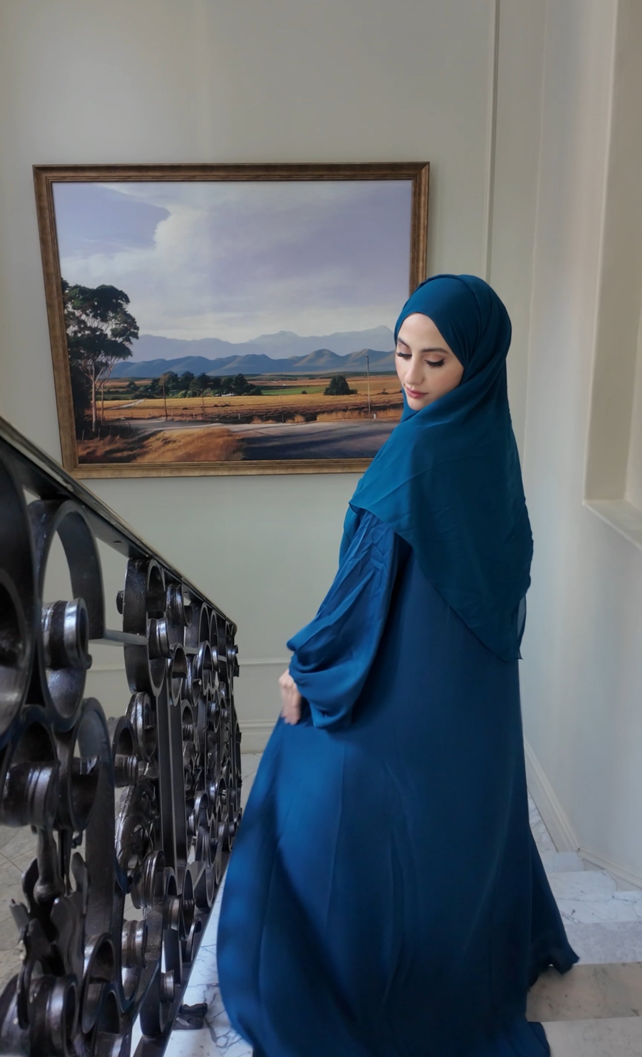 Teal blue flow Abayah with attached hijab