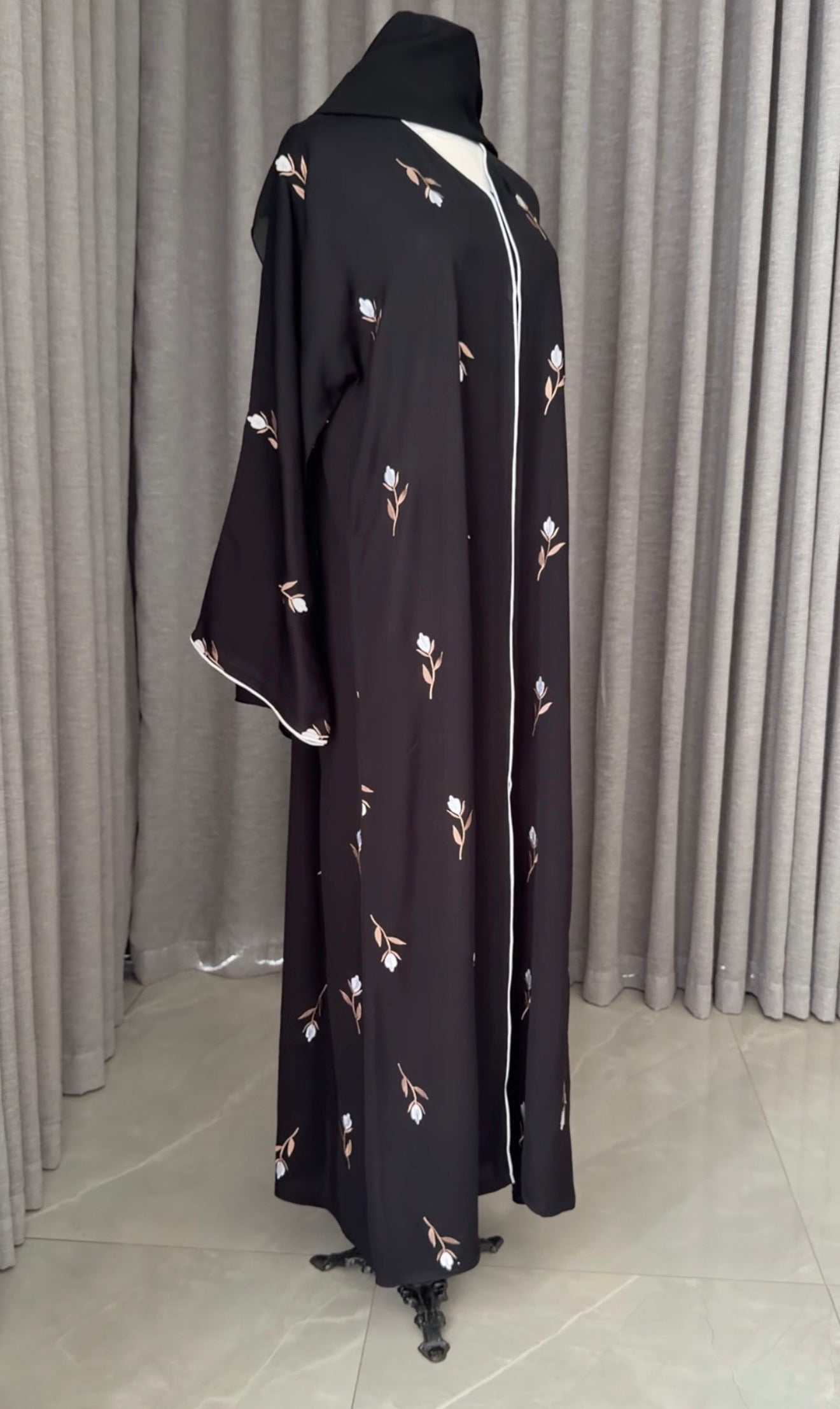 Black Abayah with white flowers