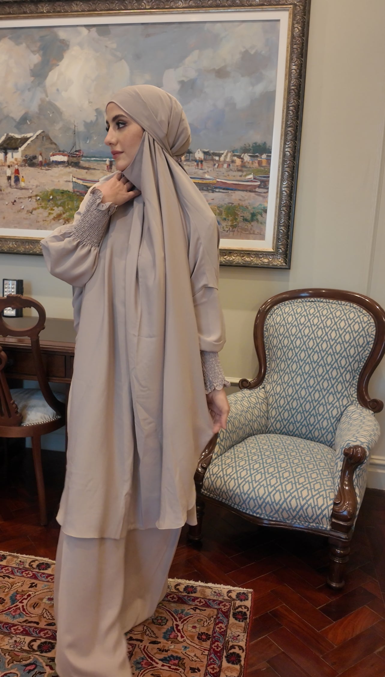 Beige Nada fabric Jilbab with long sleeve inner