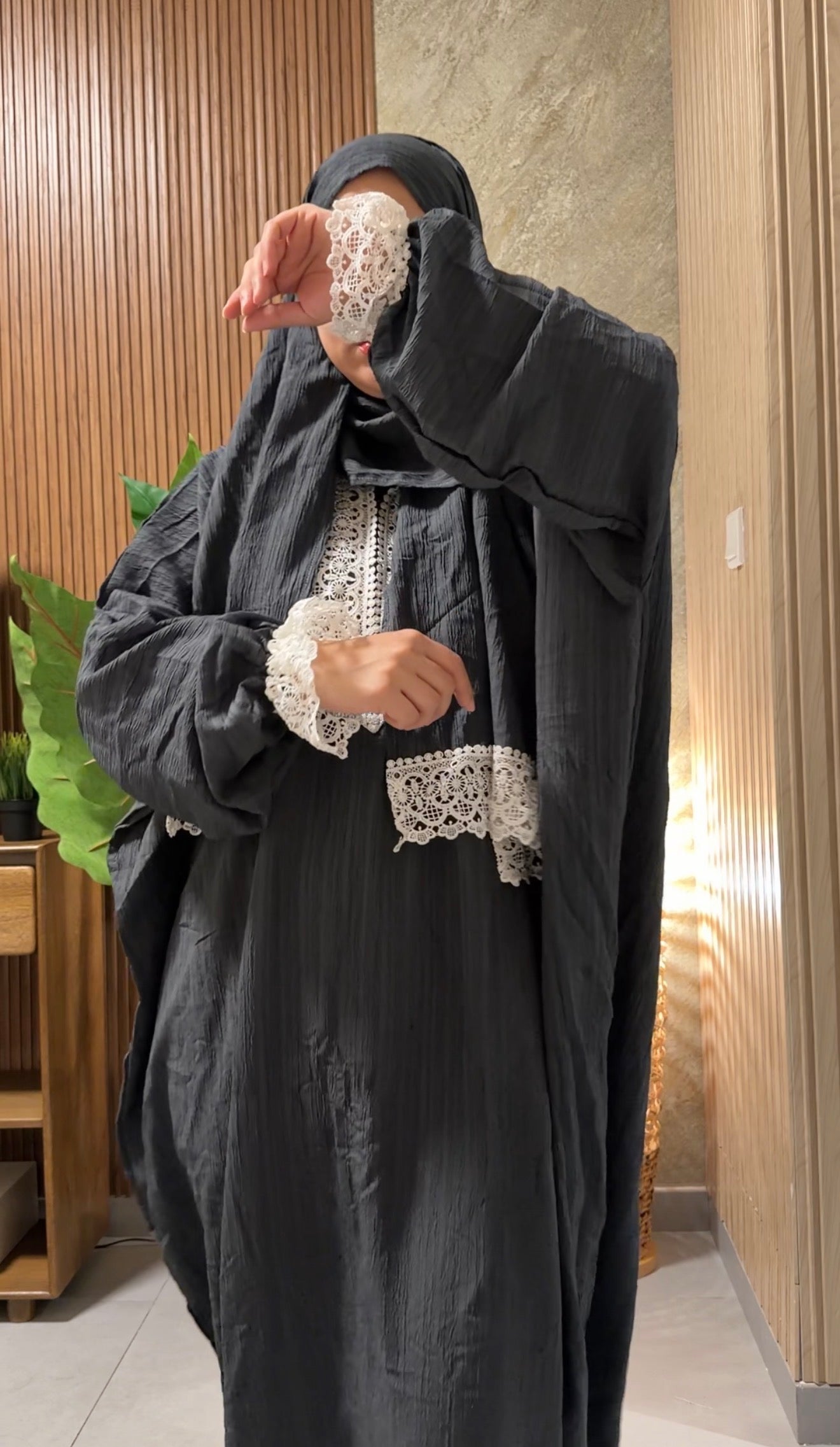 Gray burqa with white lace