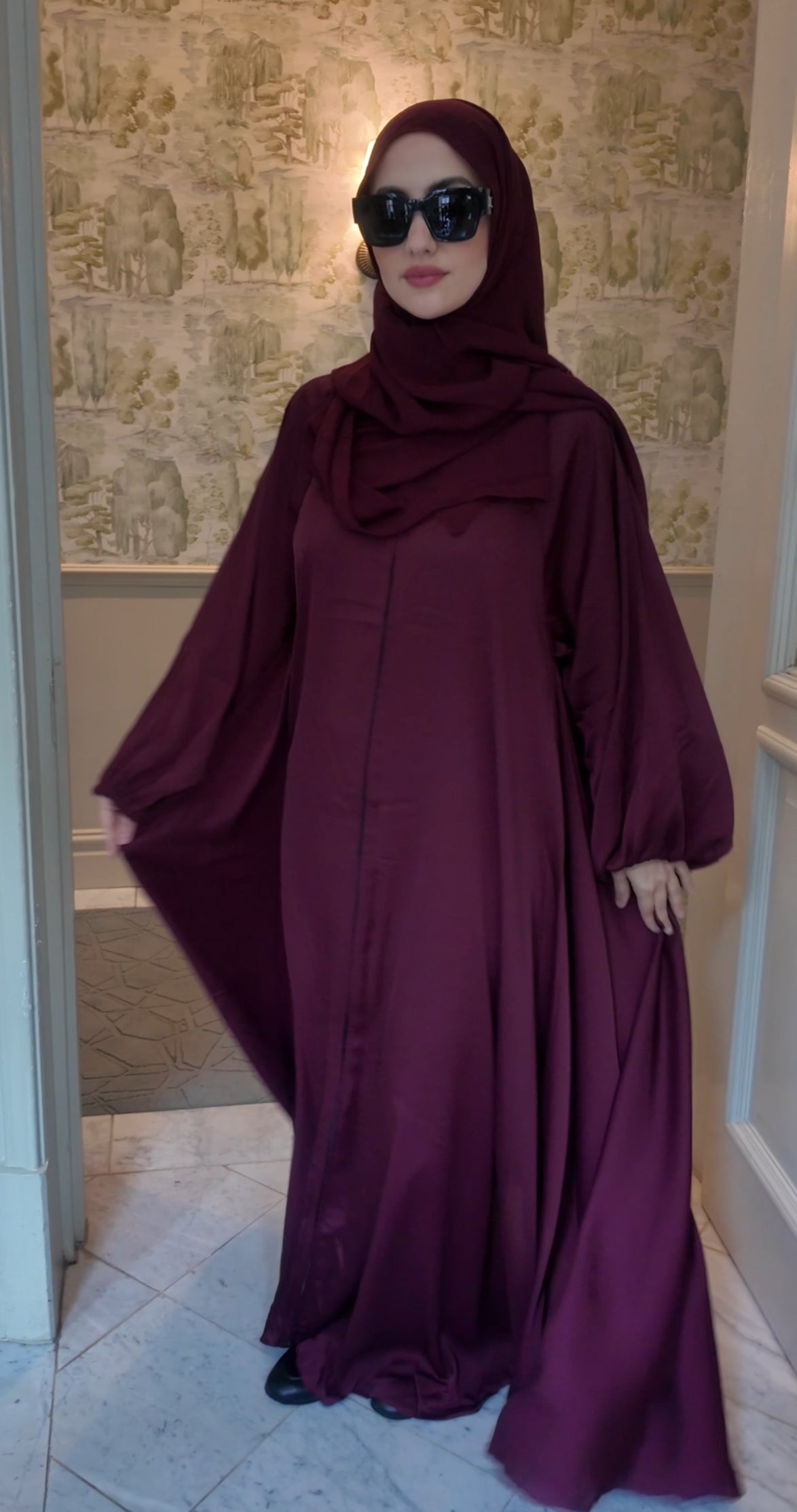 Maroon flow Abayah with attached hijab