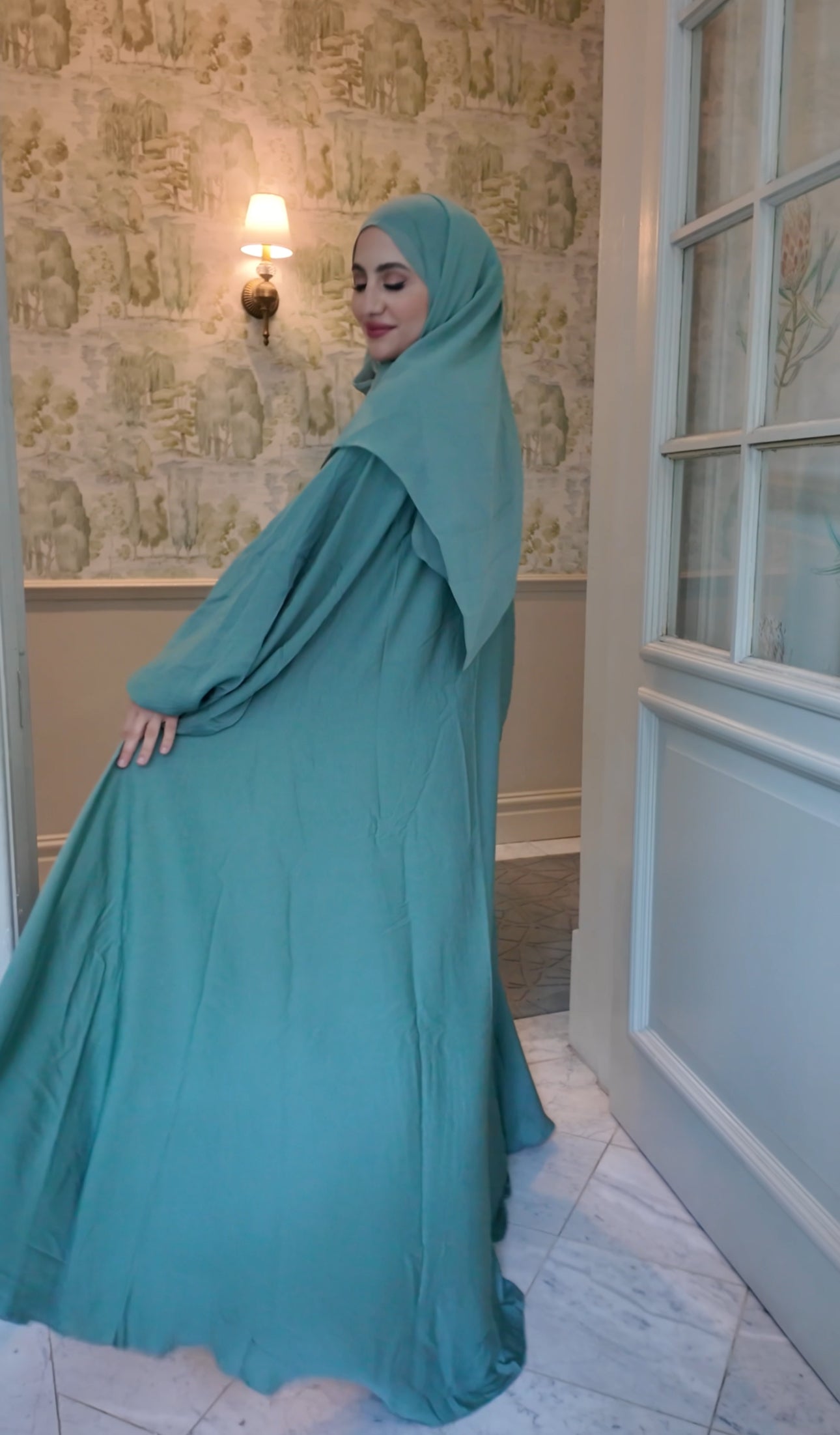Light green flow Abayah with attached hijab