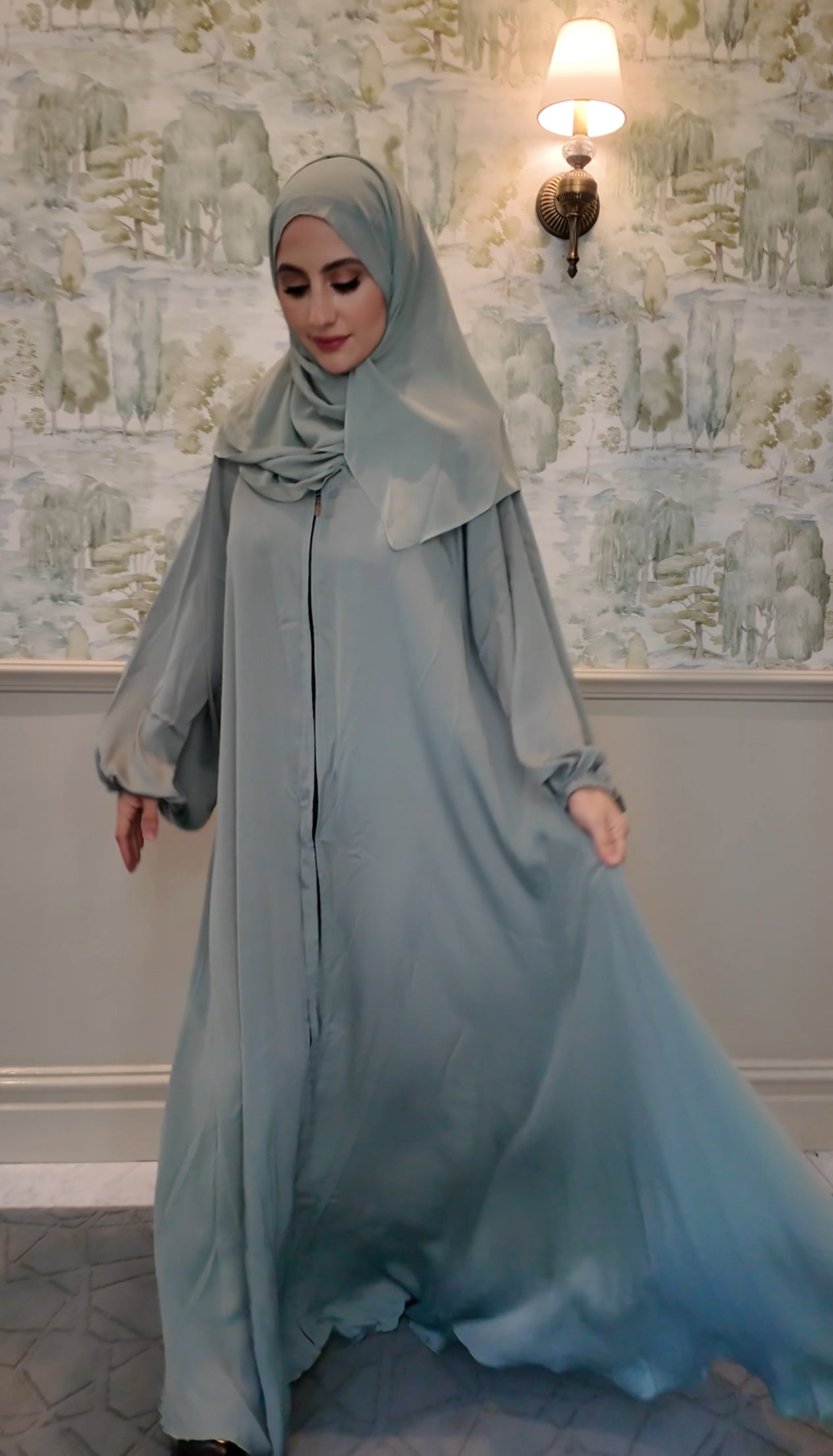 Light Green flow Abayah with attached hijab