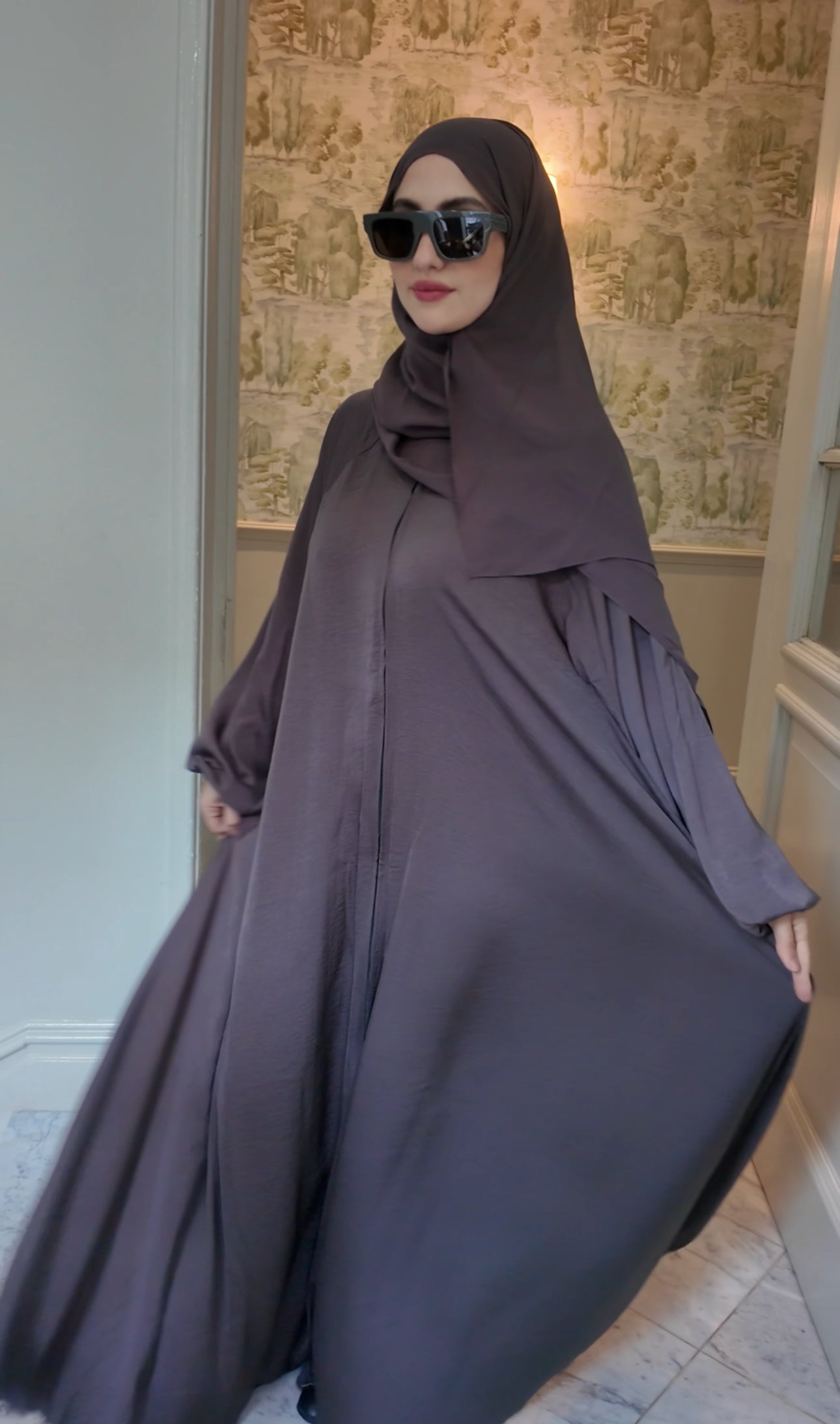 Brown Gray flow Abayah with attached hijab