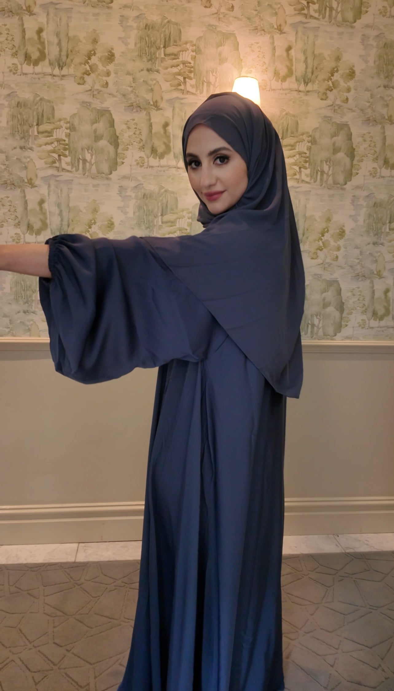 Purple gray flow abayah with attached hijab