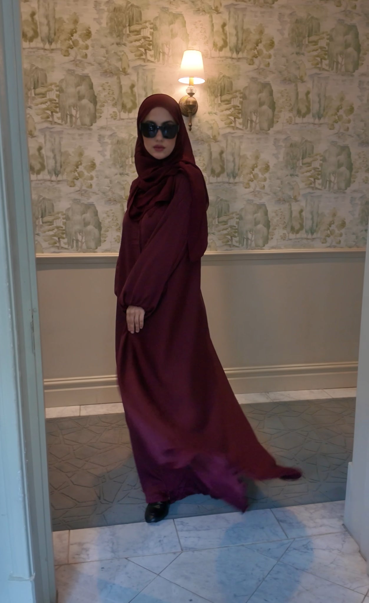 Maroon flow Abayah with attached hijab