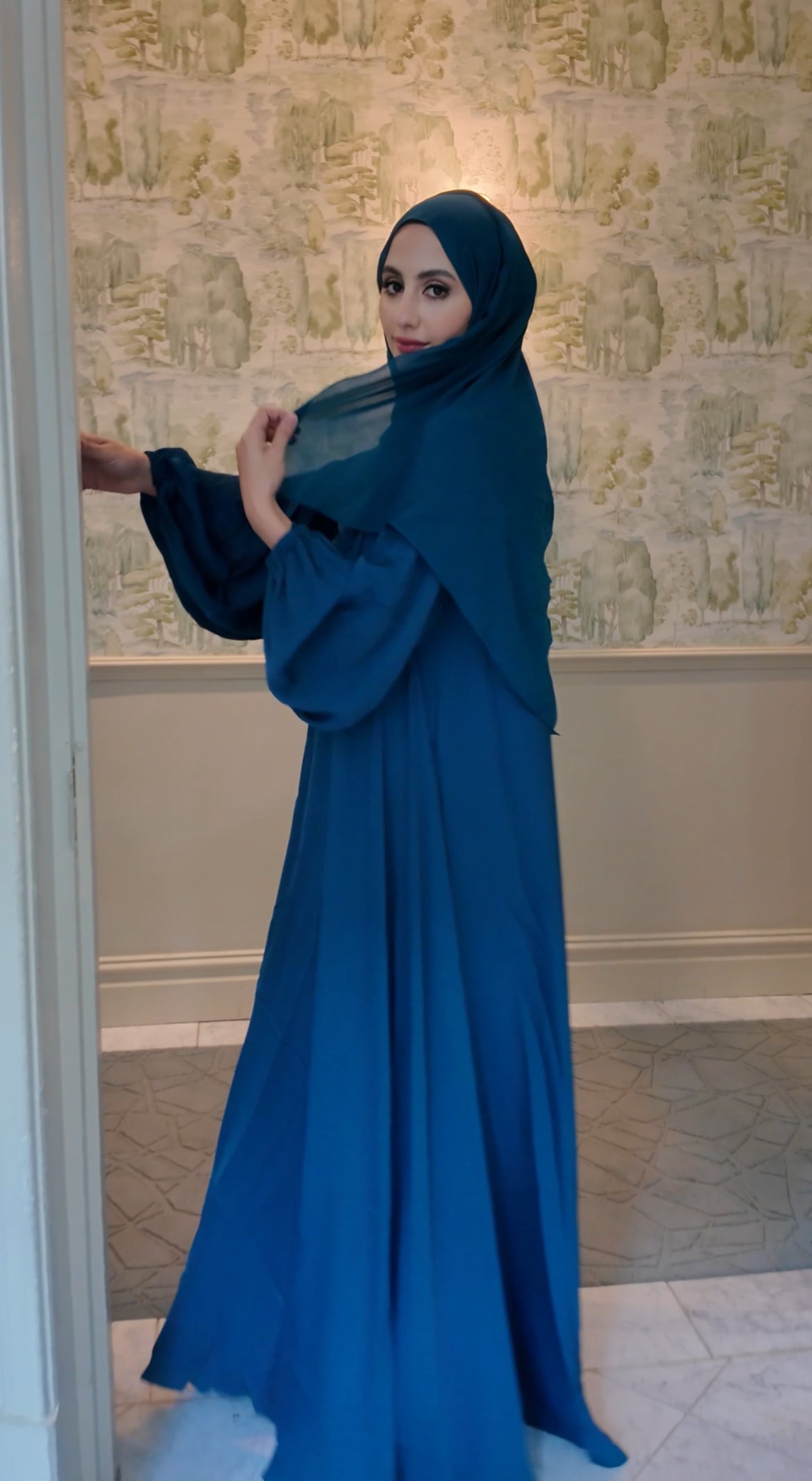 Teal blue flow Abayah with attached hijab