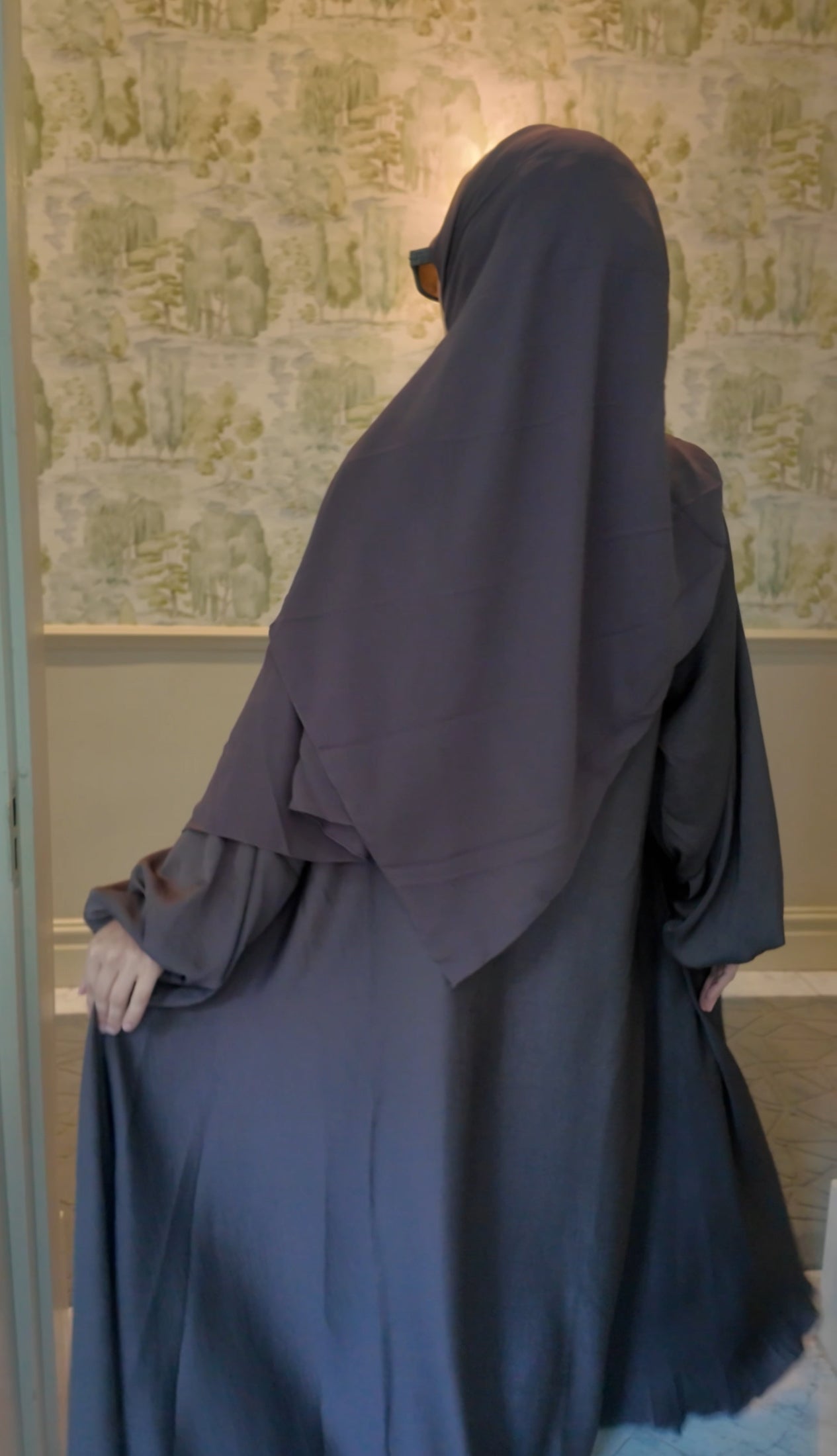 Brown Gray flow Abayah with attached hijab