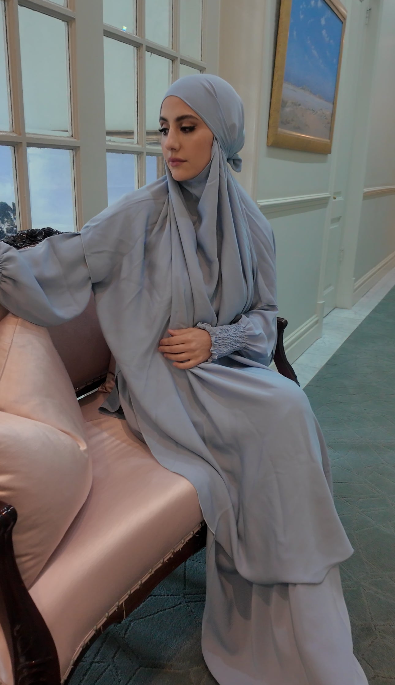 Grayish Blue Nada fabric Jilbab with long sleeve inner