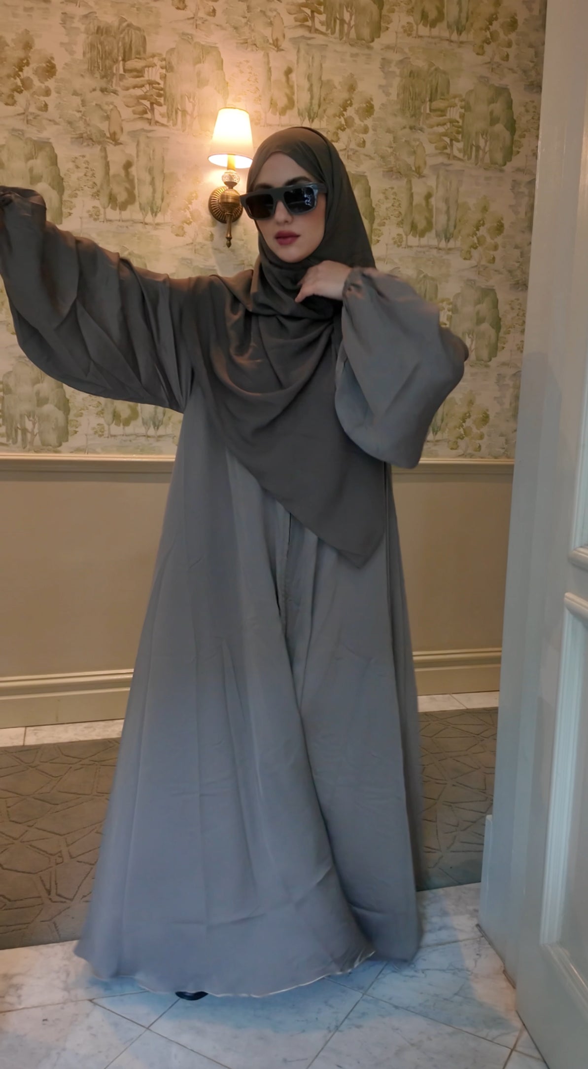 Khaki Green flow Abayah with attached hijab