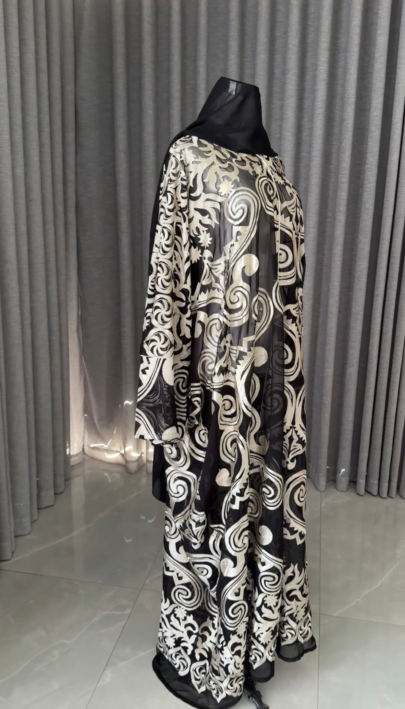 Black Net Abayah with Gold Embroidery Design 1