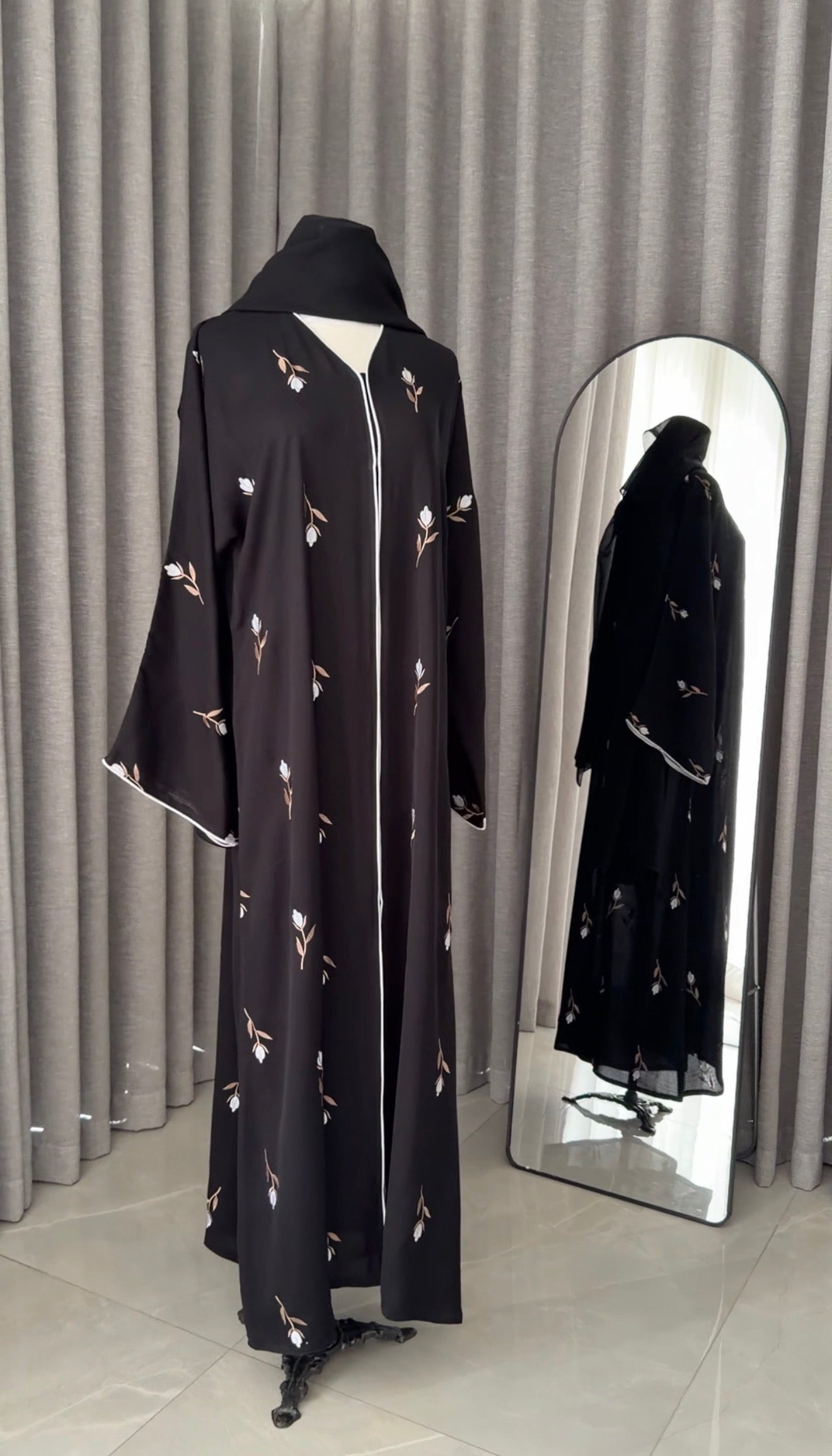 Black Abayah with white flowers