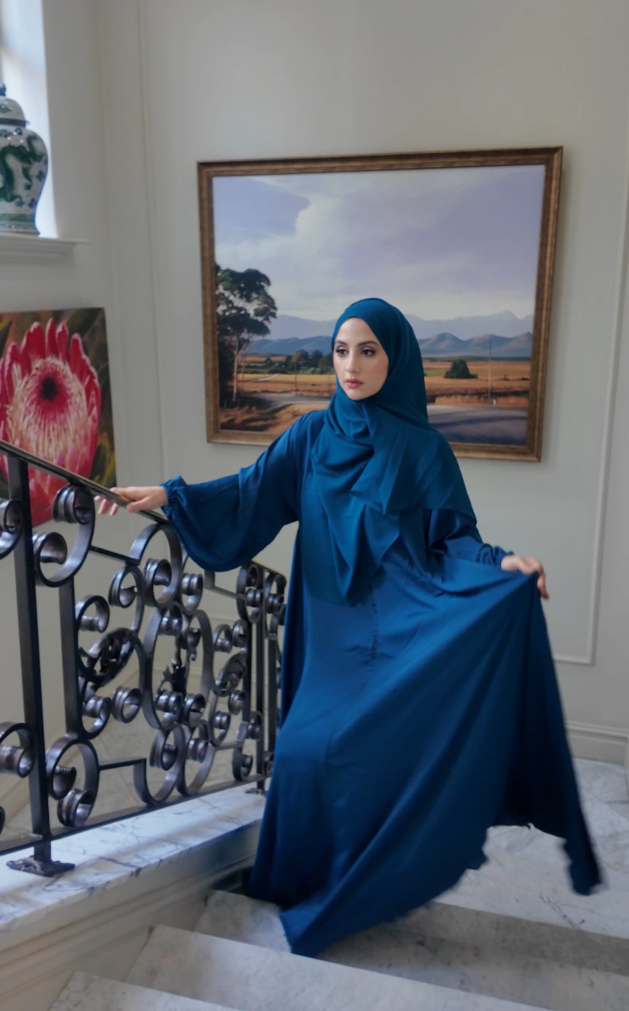 Teal blue flow Abayah with attached hijab