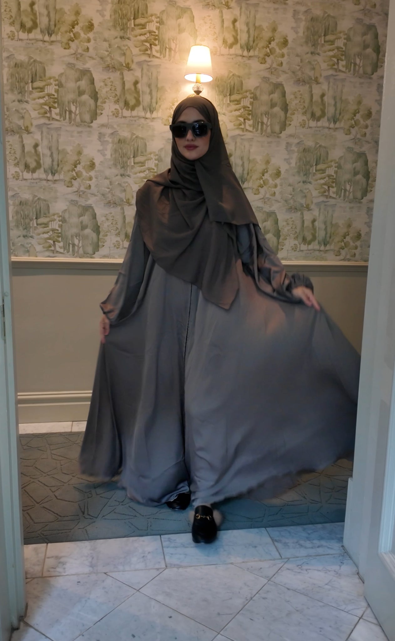 Khaki Green flow Abayah with attached hijab