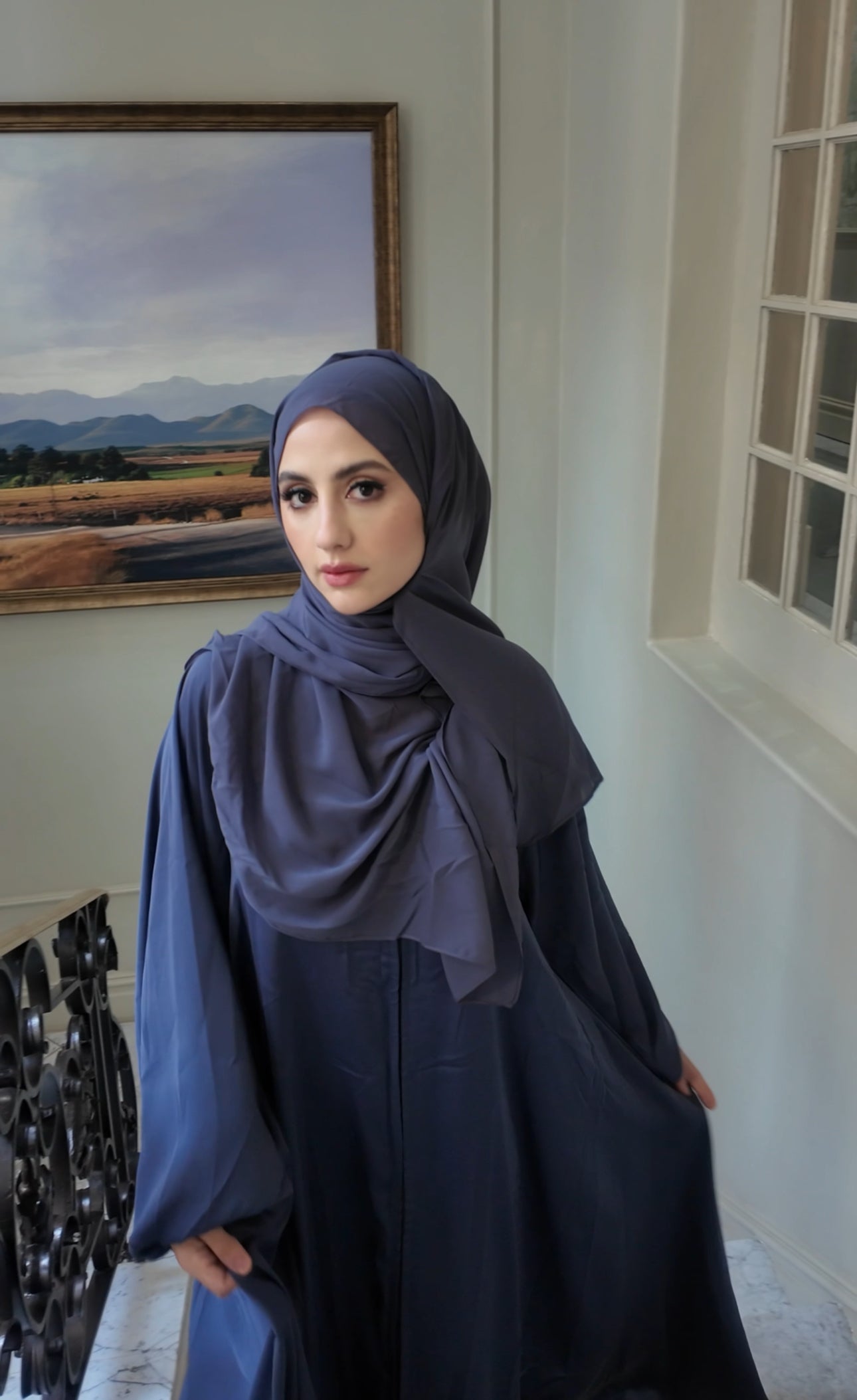 Purple gray flow abayah with attached hijab