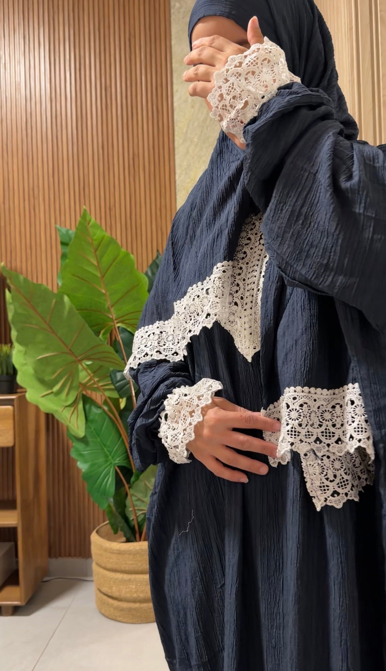 Navy burqa with white lace