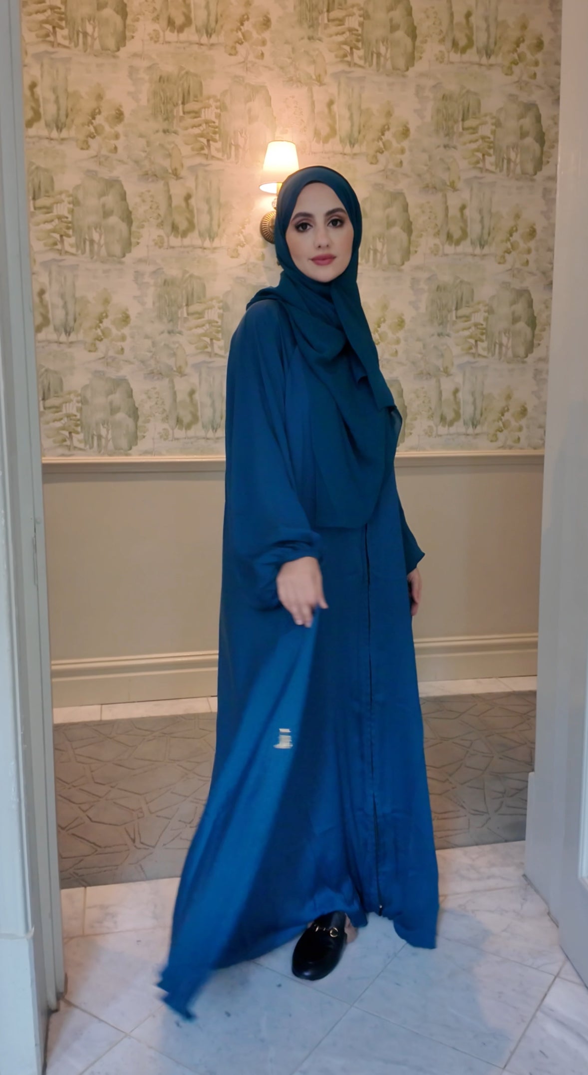 Teal blue flow Abayah with attached hijab