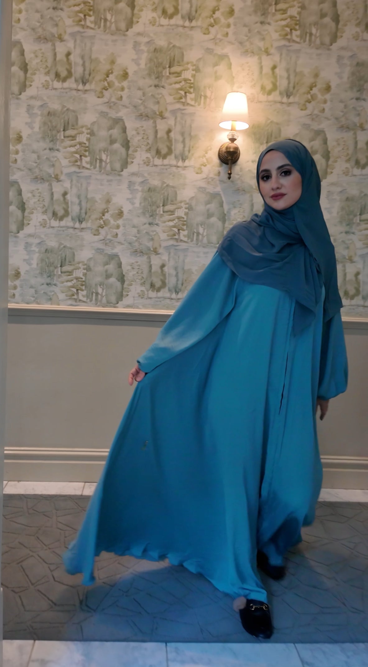 Turquoise flow Abayah with attached hijab